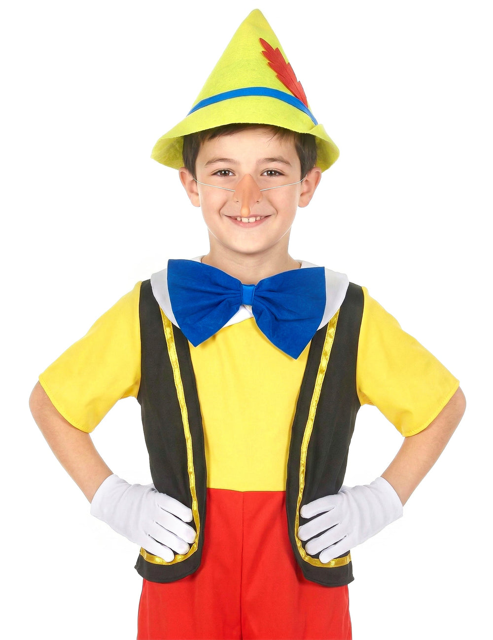 Gros plan sur le buste du déguisement de marionnette petit menteur pour garçon