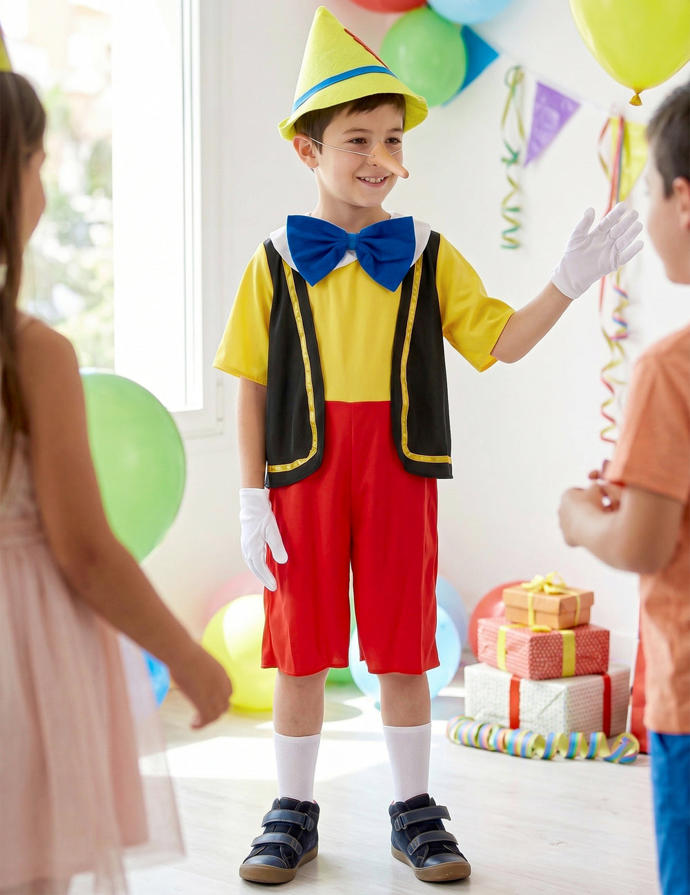 Mise en situation du déguisement de marionnette petit menteur pour garçon