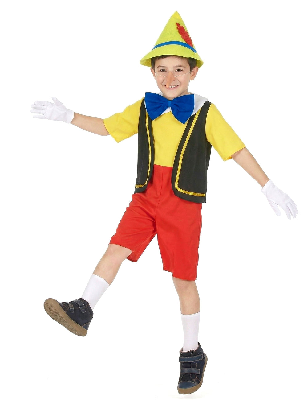 Déguisement de marionnette petit menteur pour garçon jaune et rouge avec chapeau et nez