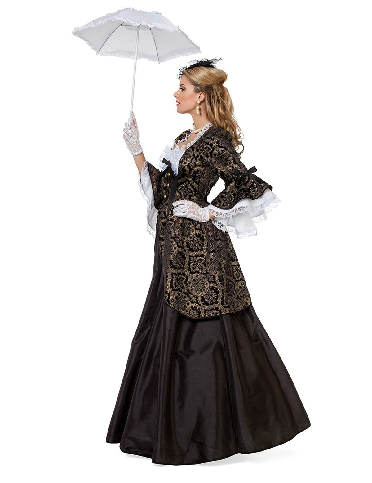 Fato de marquesa preto e dourado para mulher