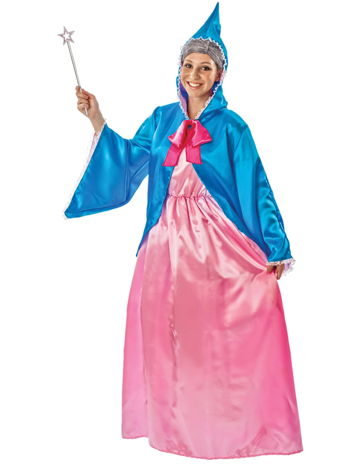 Déguisement marraine fée pour femme bleu et rose avec cape à capuche et baguette