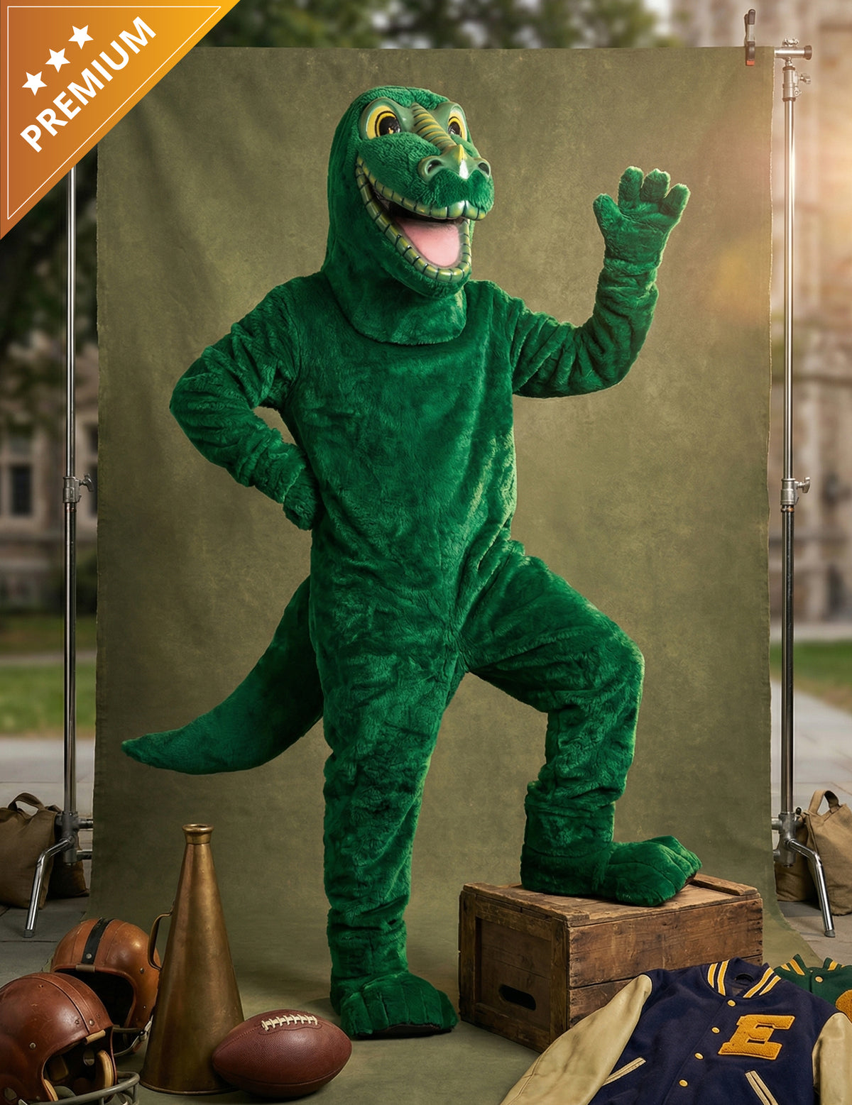 Déguisement mascotte dinosaure pour adulte vert en tissu peluche