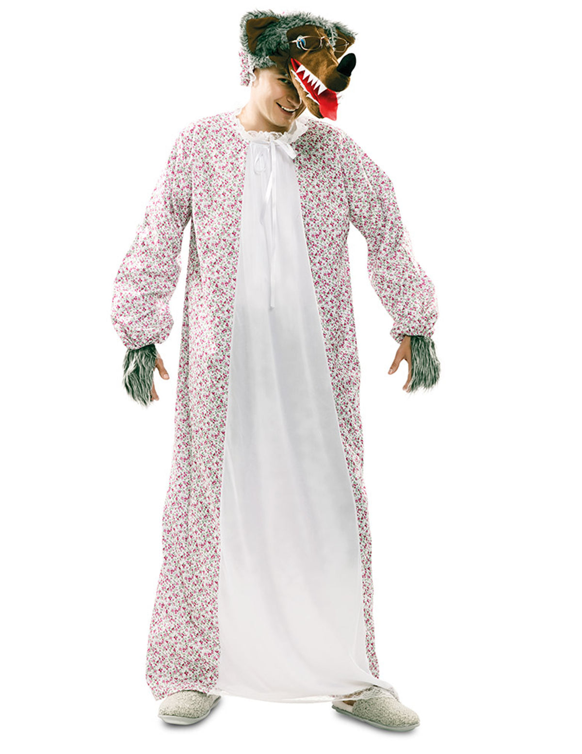 Déguisement de méchant loup grand-mère pour adulte à fleurs roses avec tablier blanc et masque de loup