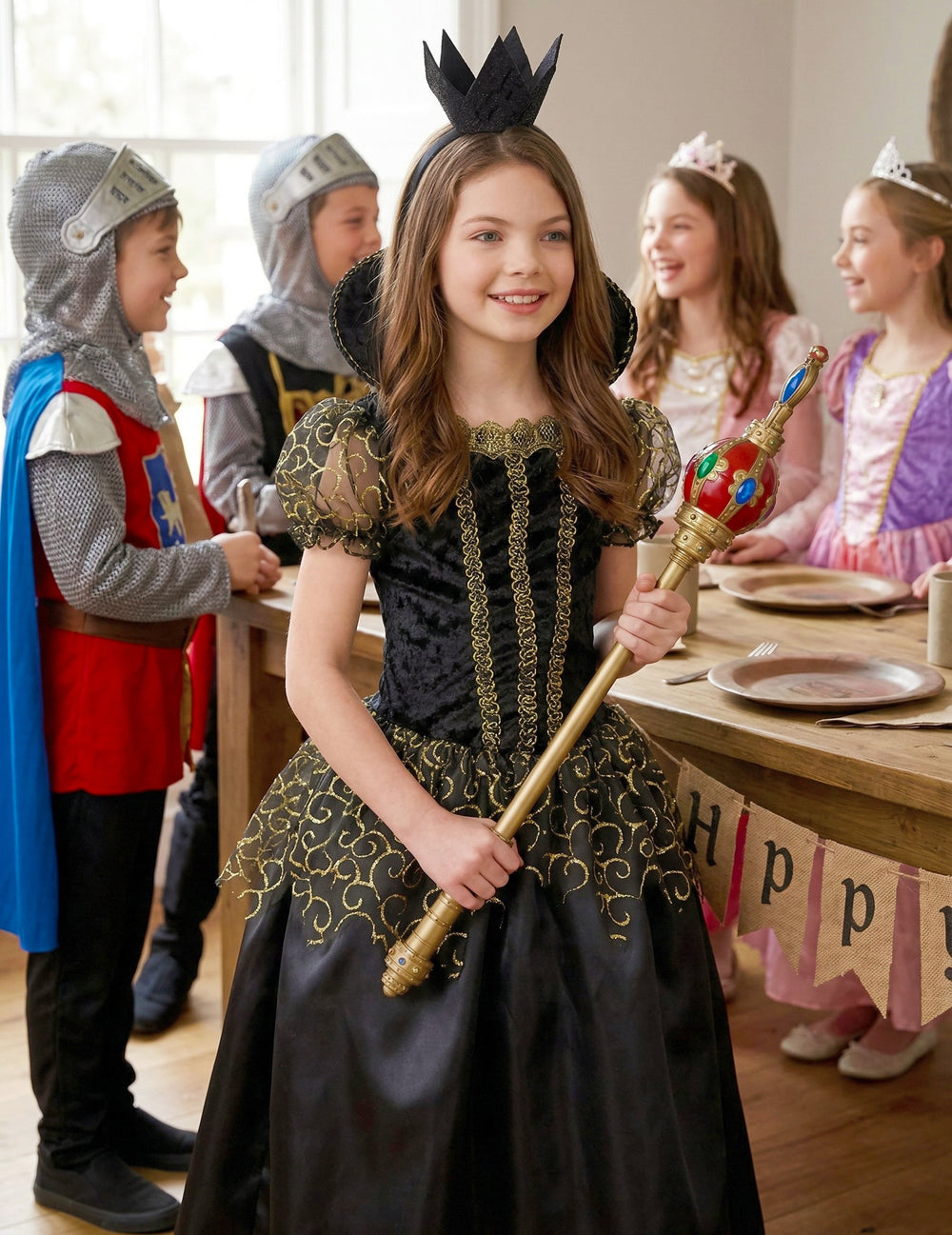 Mise en situation lors d'un anniversaire du déguisement de méchante reine pour fille