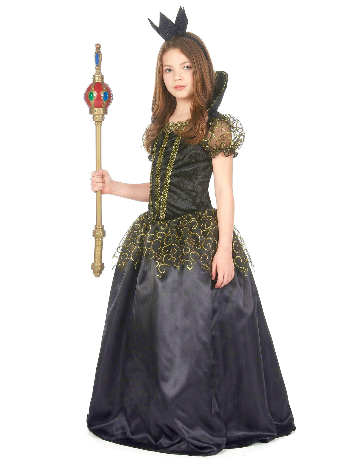 Déguisement de méchante reine pour fille noir et doré avec sceptre et couronne