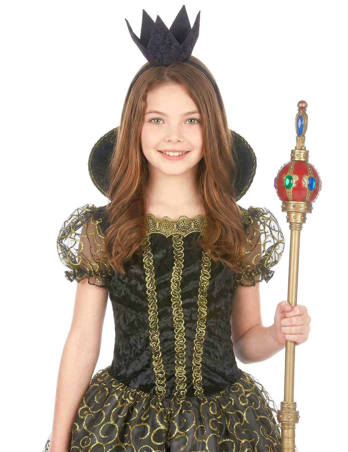 Gros plan sur le buste et les accessoires du déguisement de méchante reine pour fille