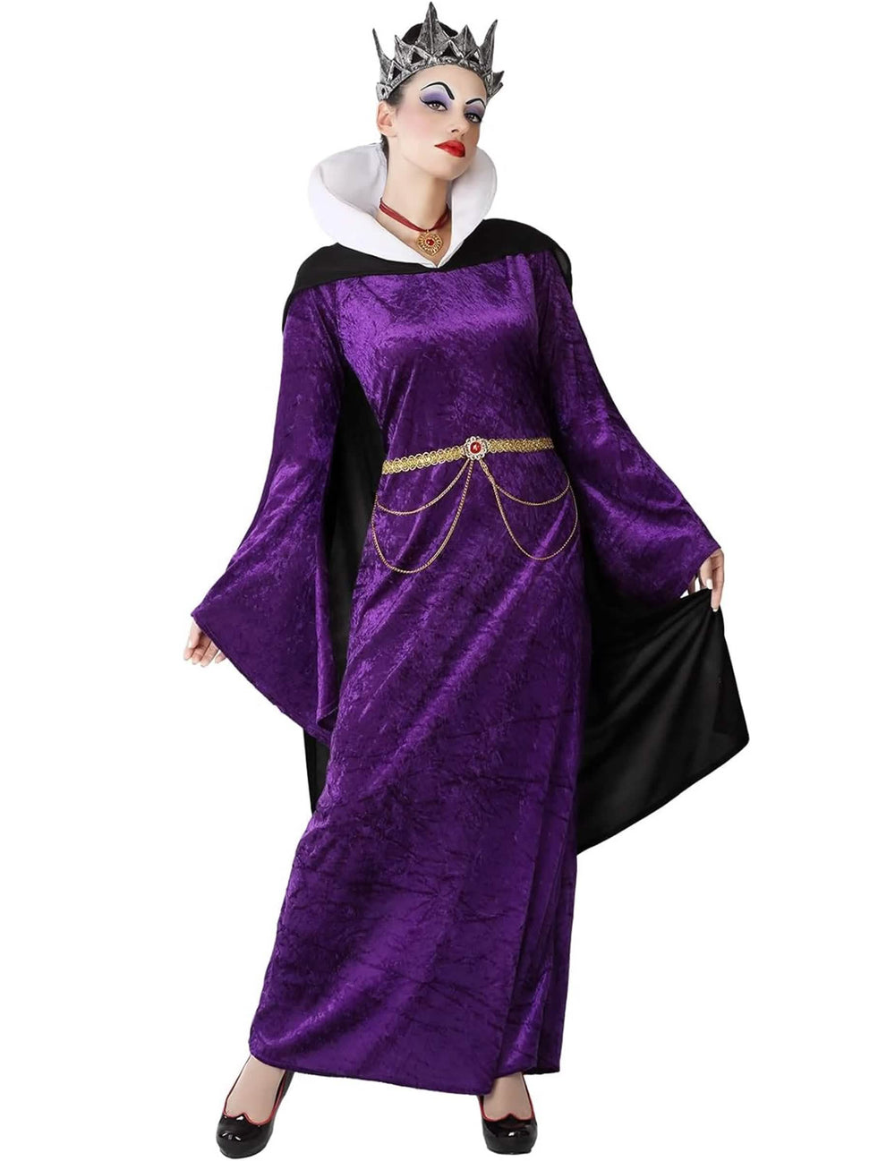 Fato de rainhas má para mulher roxo com coroa e capa preta