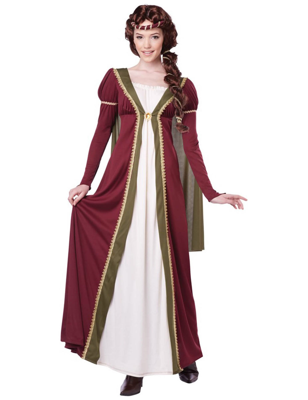 Fato medieval para mulher em ameixa e verde com detalhes dourados