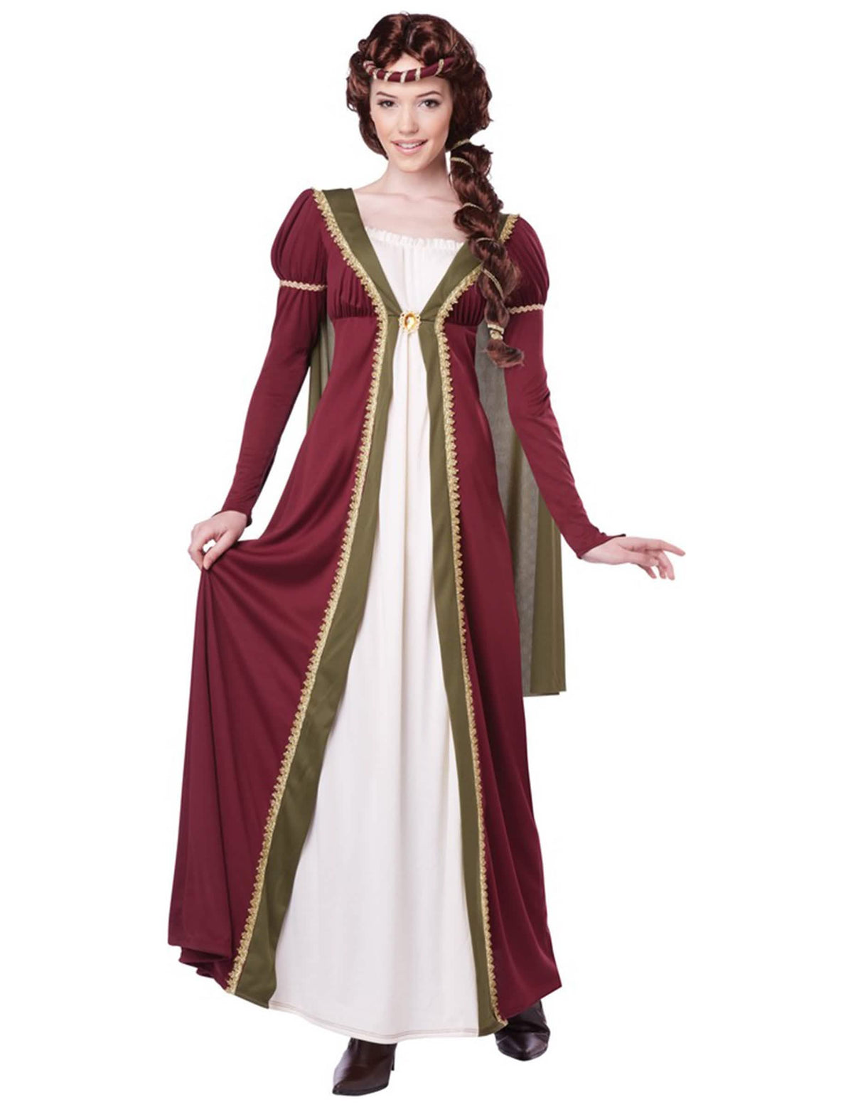 Fato medieval para mulher em ameixa e verde com detalhes dourados