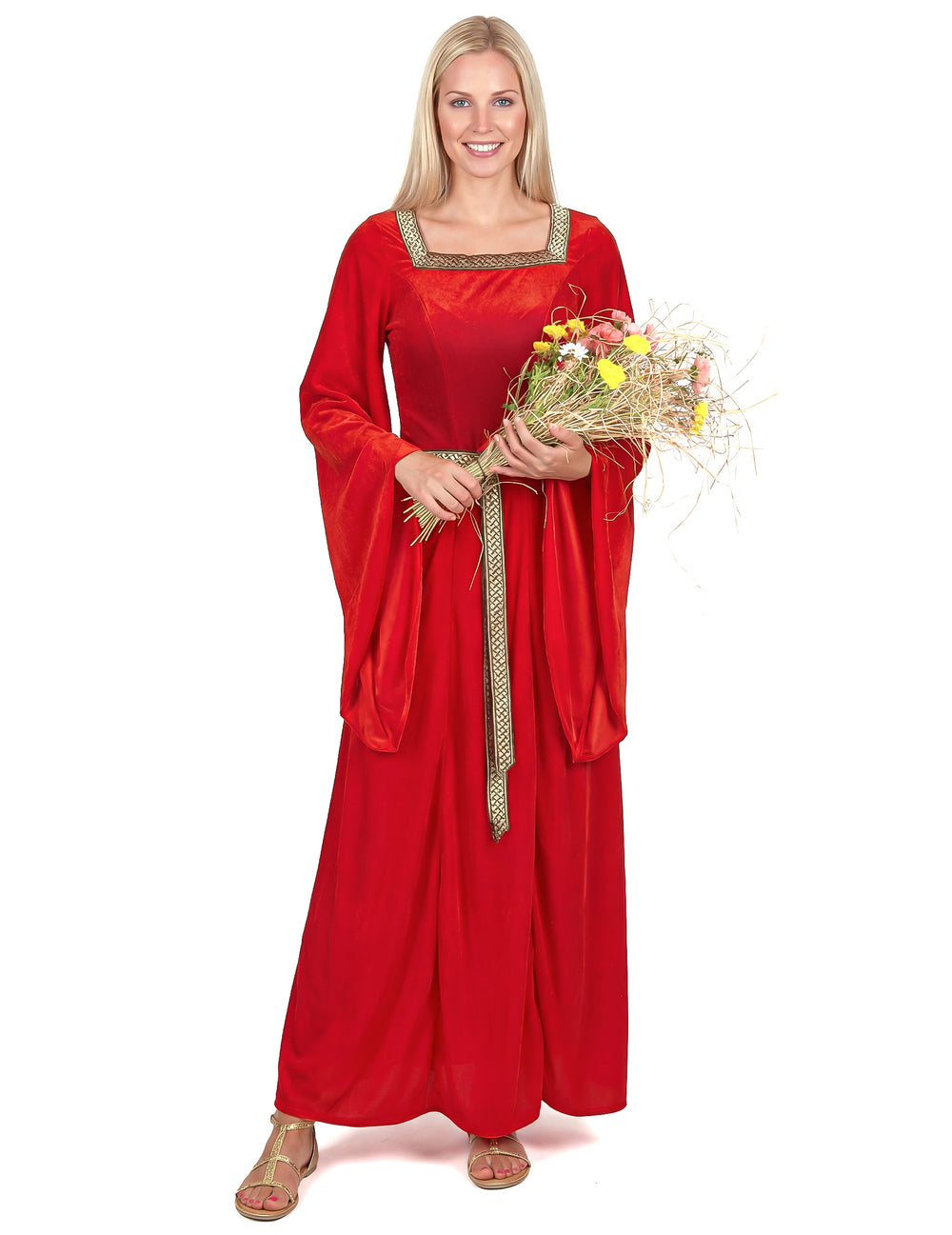 Déguisement médiéval pour femme rouge effet velours avec galons dorés