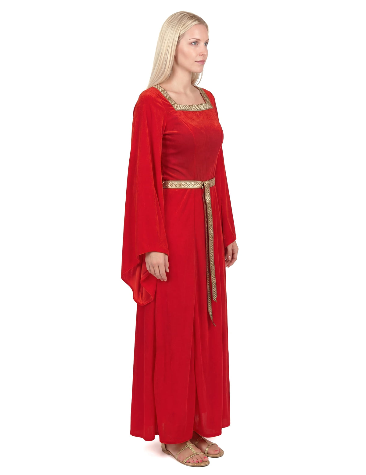 Vue de profil du déguisement médiéval pour femme rouge effet velours