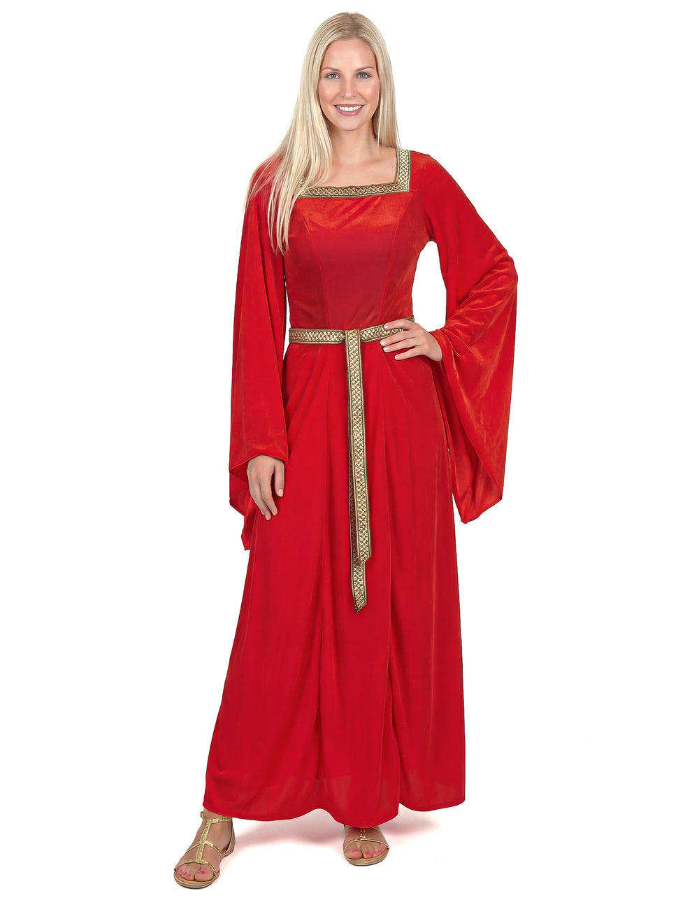 Vue de face du déguisement médiéval pour femme rouge effet velours