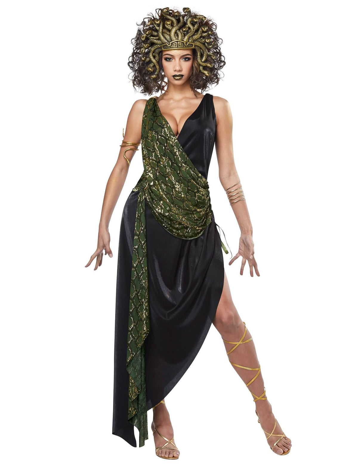 Fato de mulher medusa preto e verde com toucado de serpentes douradas