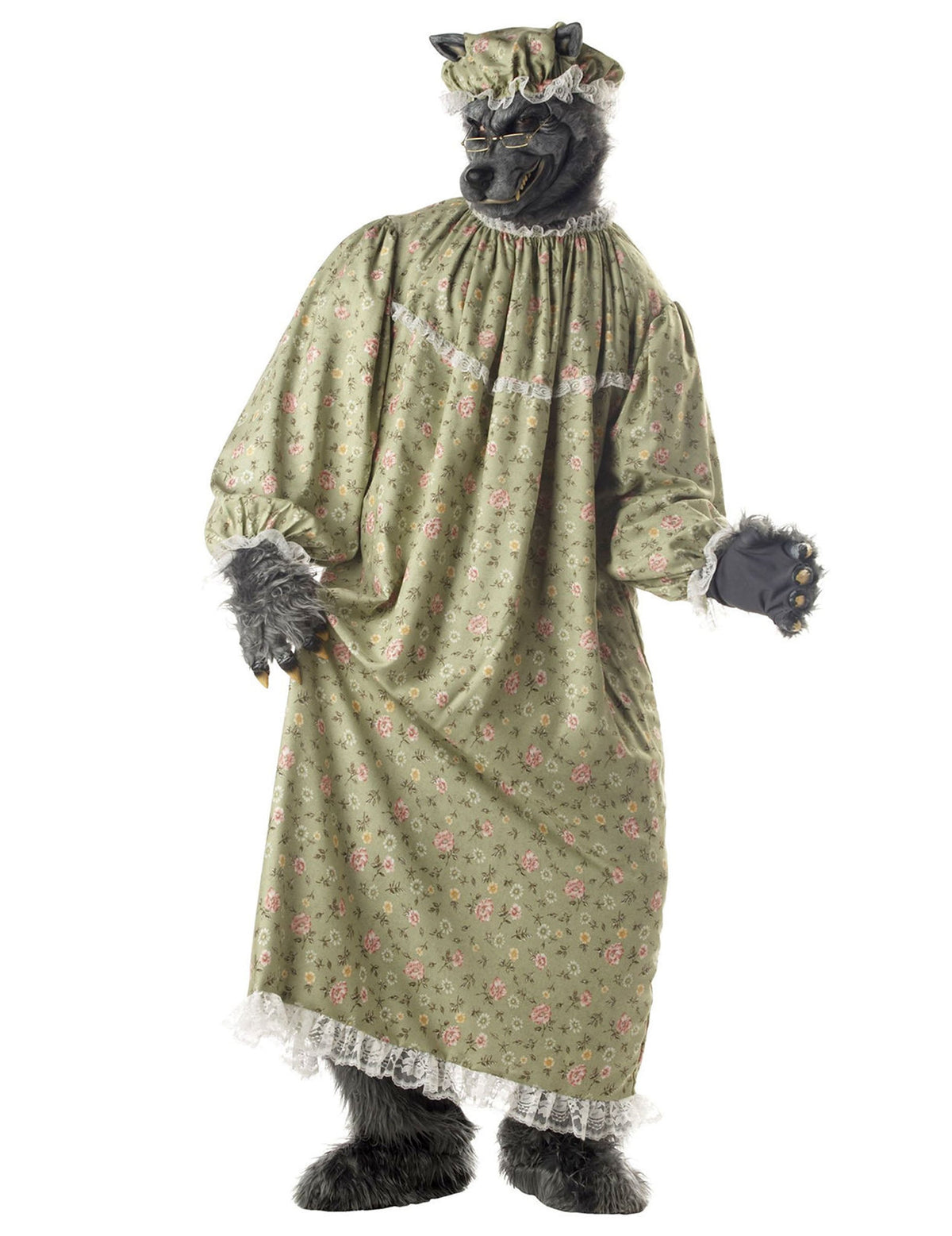 Déguisement mère-grand loup pour adulte avec robe de nuit fleurie verte et masque de loup