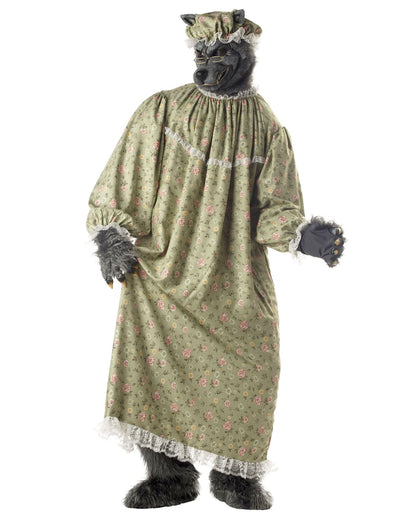 Déguisement mère-grand loup pour adulte avec robe de nuit fleurie verte et masque de loup