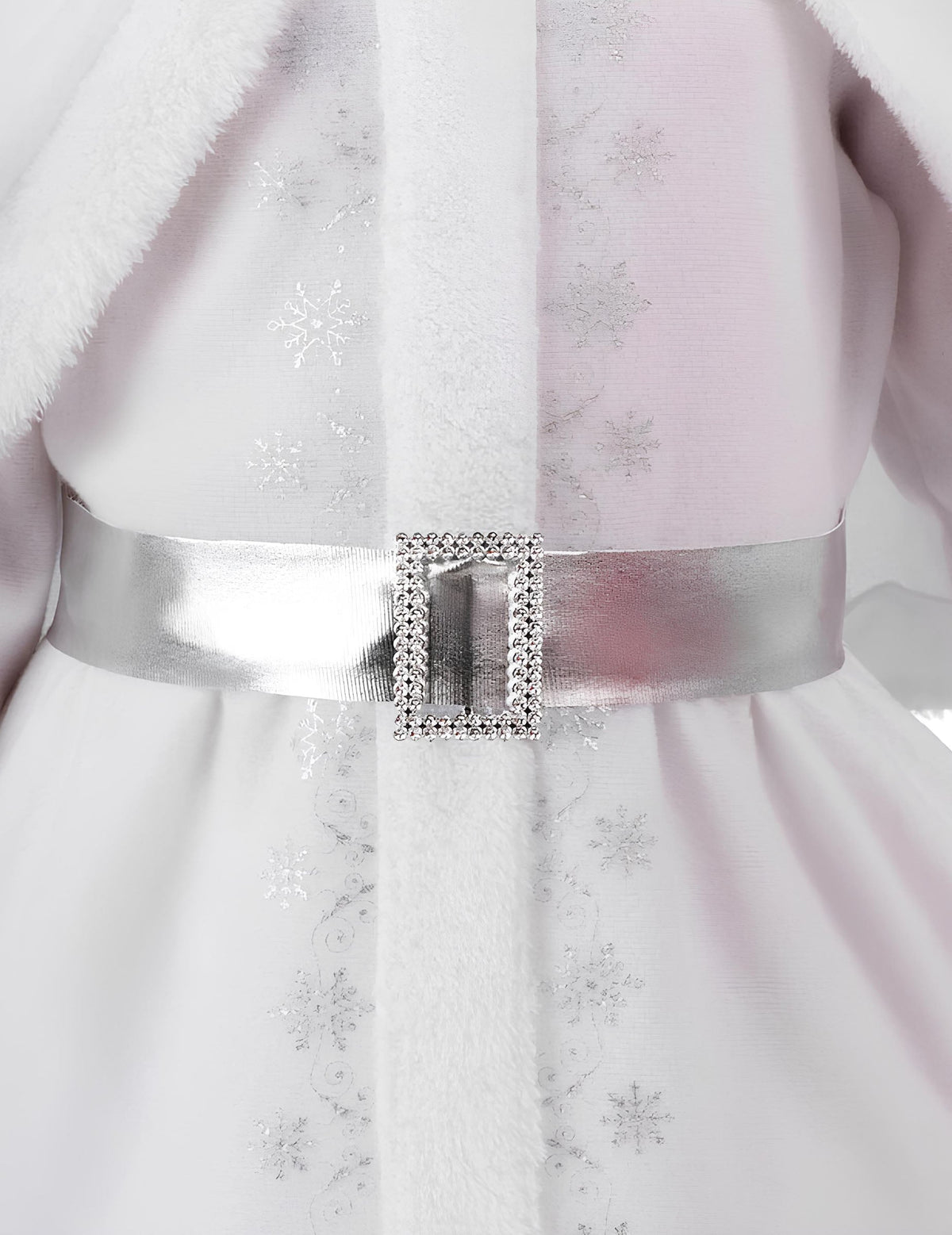 Détail de la ceinture argentée à strass du déguisement de Mère Noël pour fille