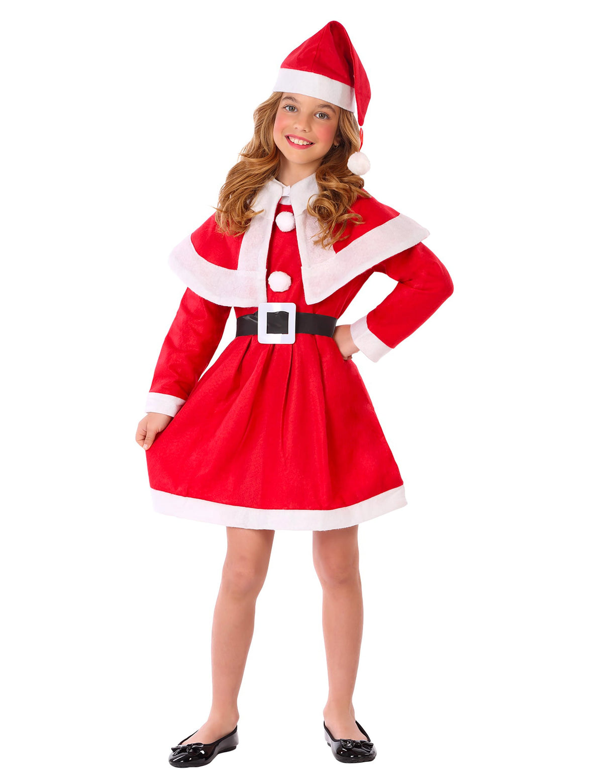Déguisement de mère Noël classique pour fille rouge et blanc avec cape et bonnet