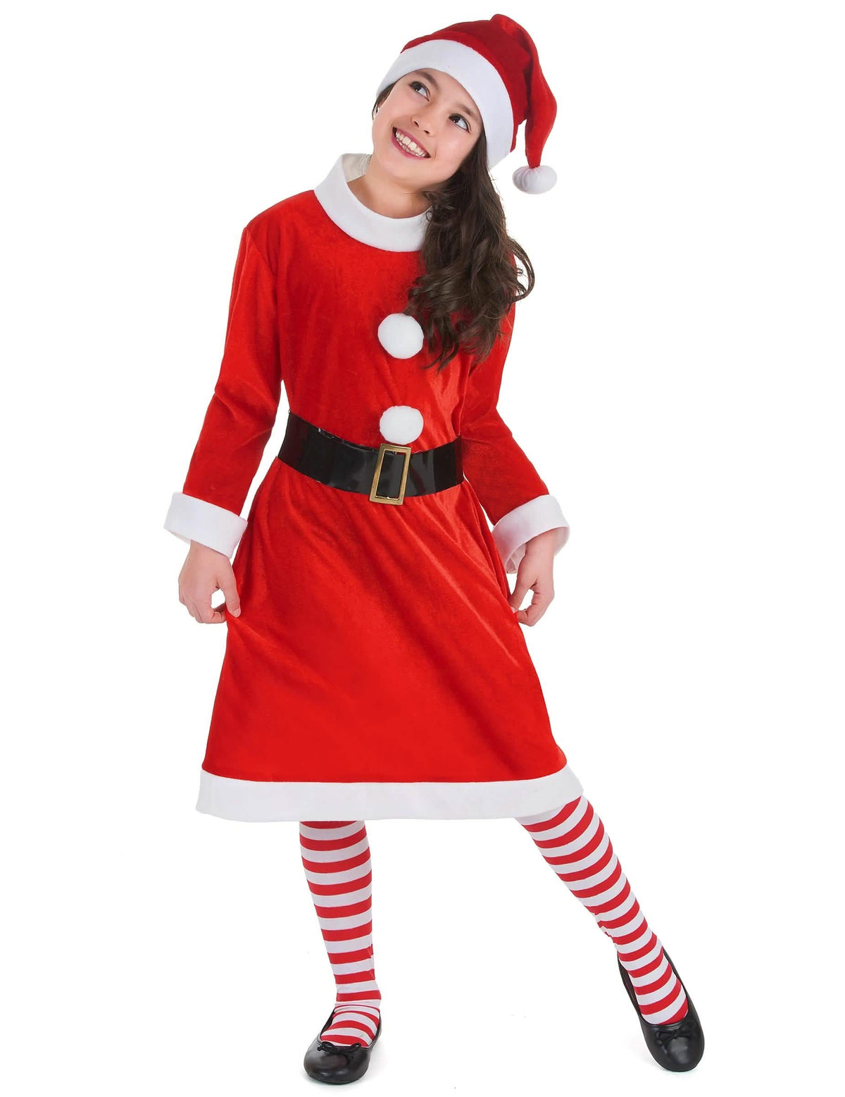 Fato de mãe natal para menina vermelho com pompons brancos
