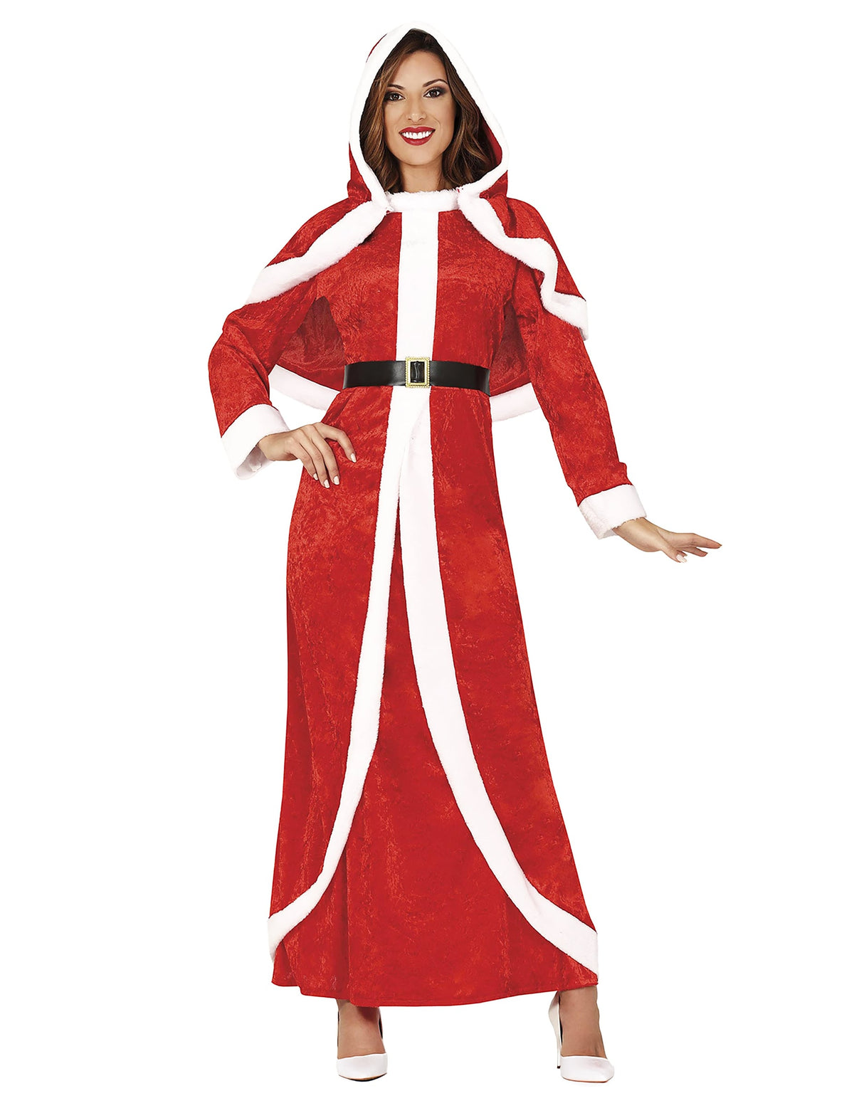 Déguisement mère Noël robe longue pour femme rouge et blanc avec capuche et ceinture noire