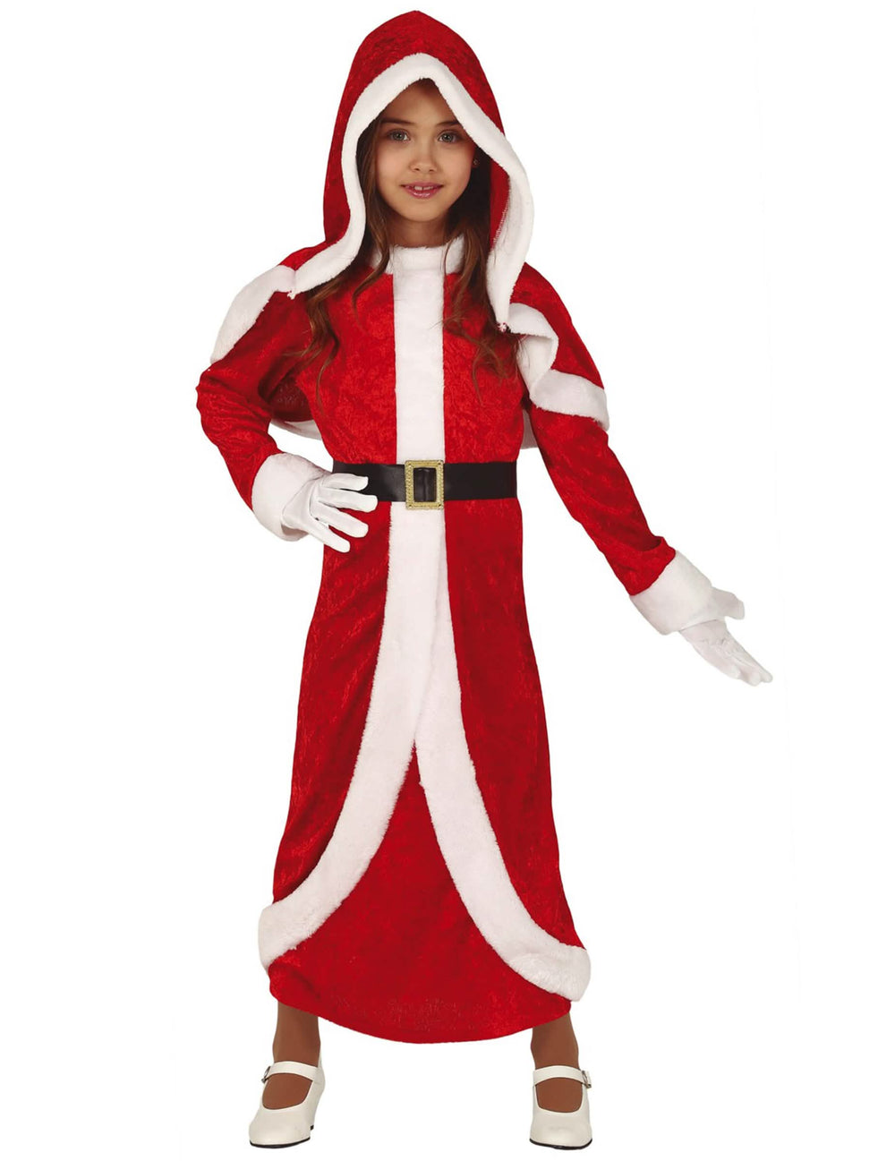 Fato de mãe natal para menina vermelho e branco com vestido comprido com capuz