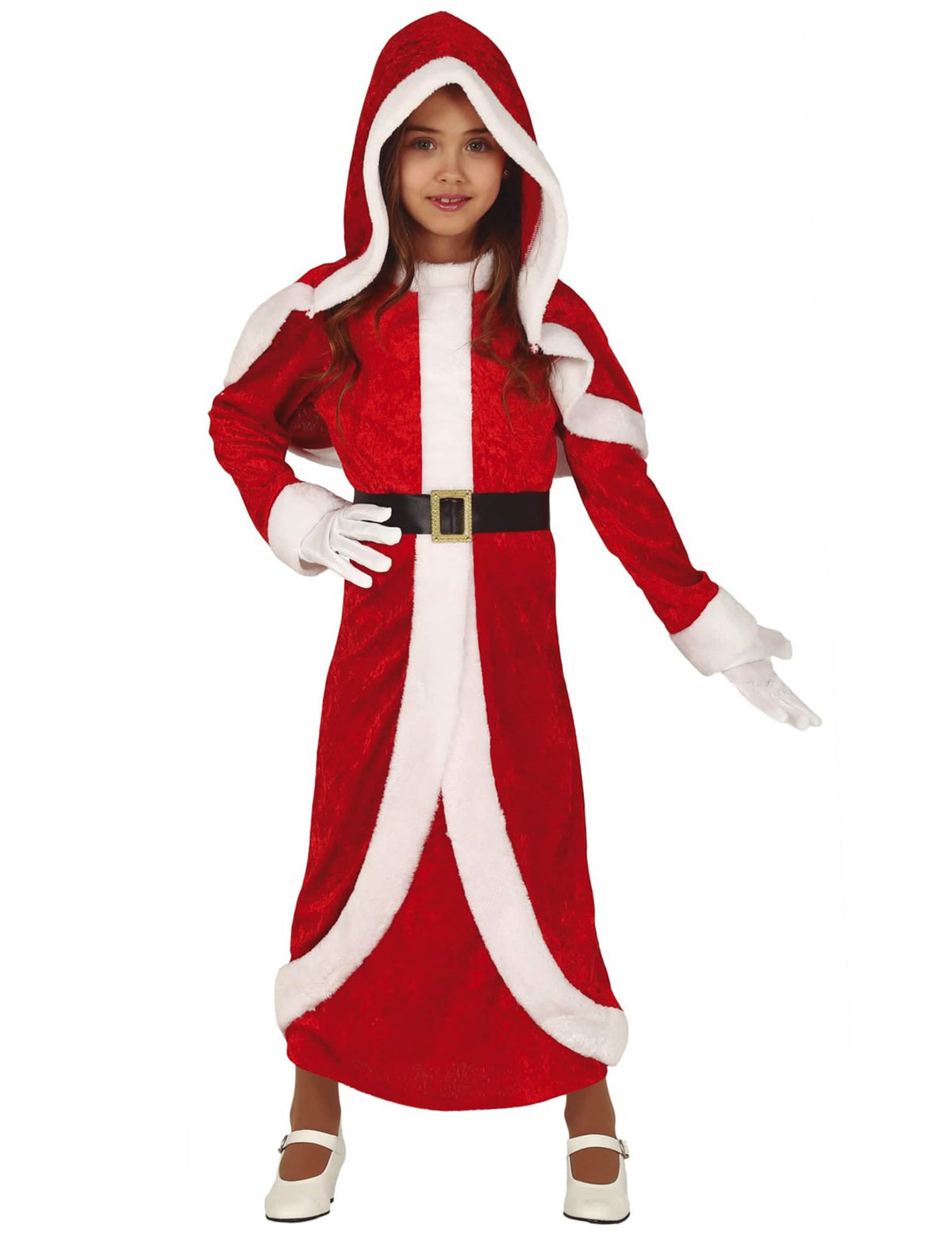Fato de mãe natal para menina vermelho e branco com vestido comprido com capuz