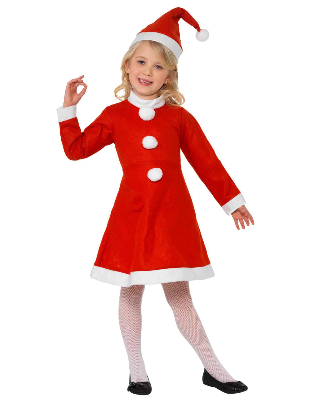 Vue de face du déguisement Mère Noël robe pompons fille