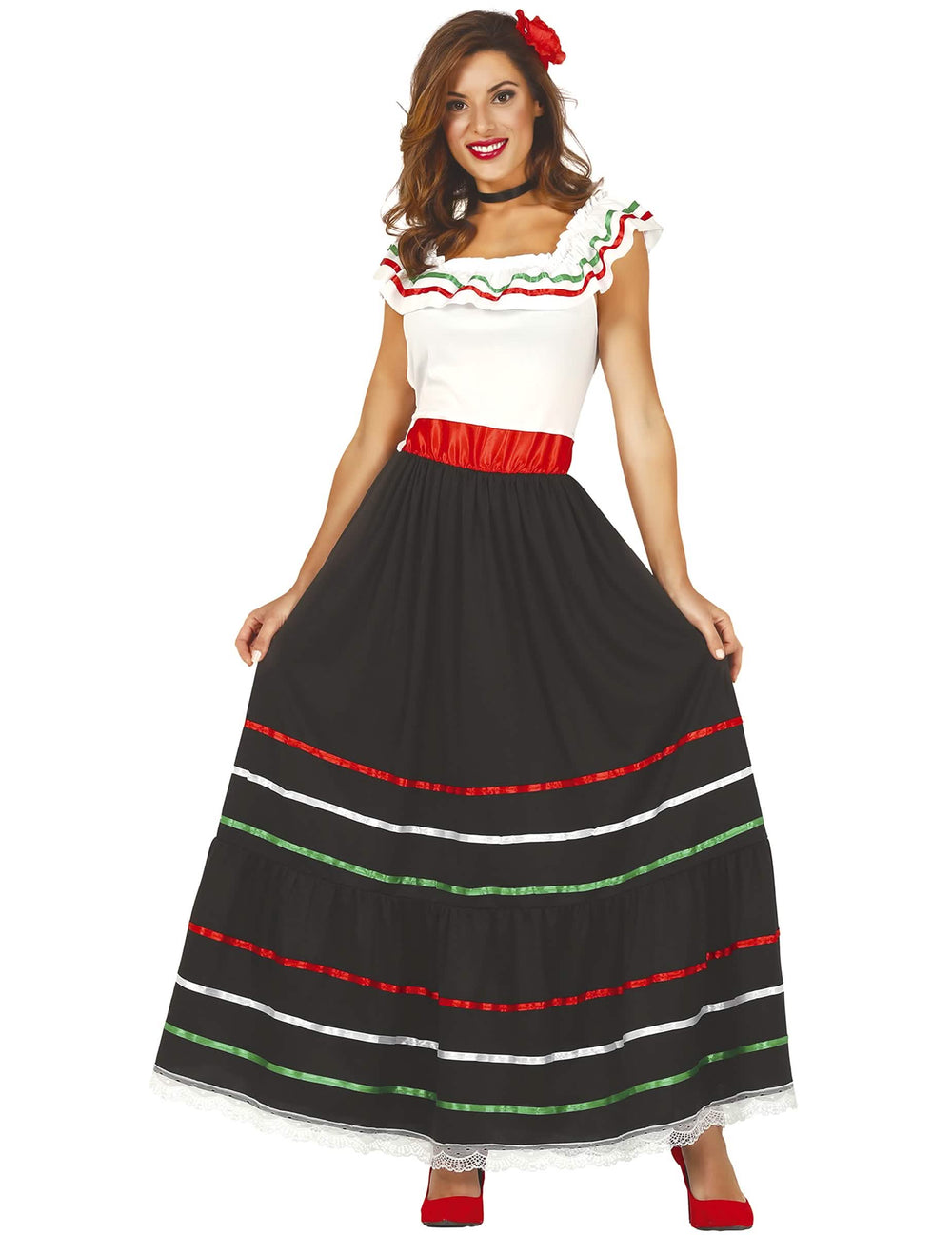 Fato de mexicana comprido para mulher preto branco e vermelho com fitas tricolores