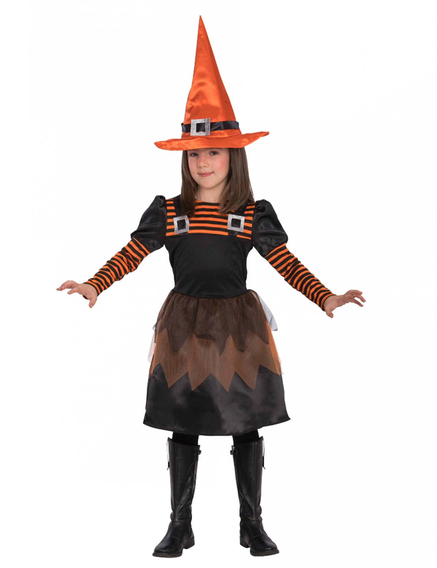 Déguisement mignonne petite sorcière pour fille orange et noir avec chapeau pointu