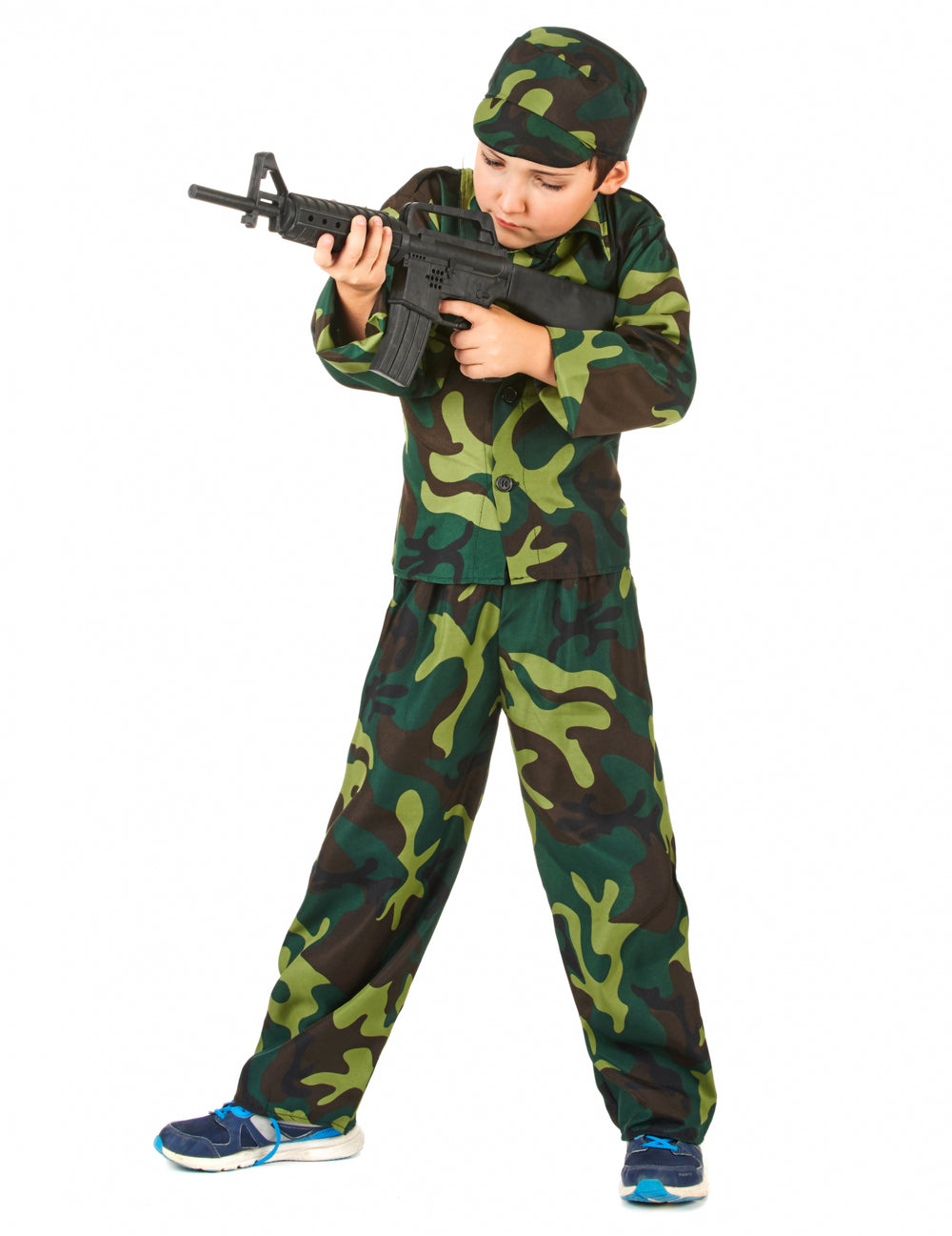 Fusil factice tenu en main du déguisement militaire camouflage pour garçon