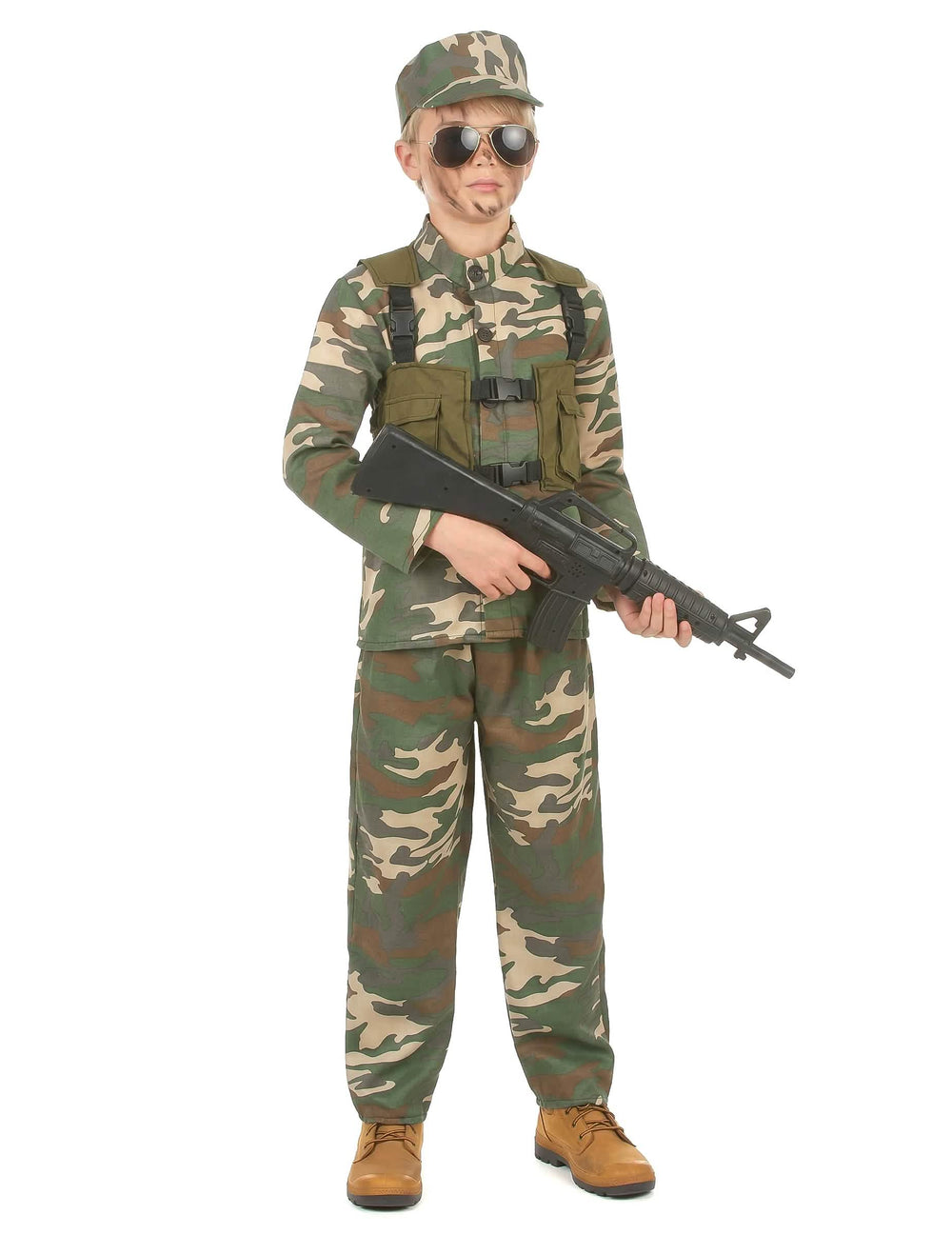 Disfarce militar para menino verde camuflado com boné e colete
