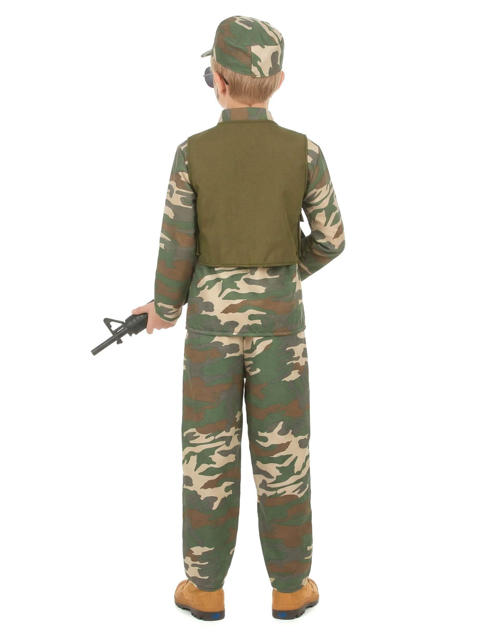 Vista traseira do disfarce militar para menino