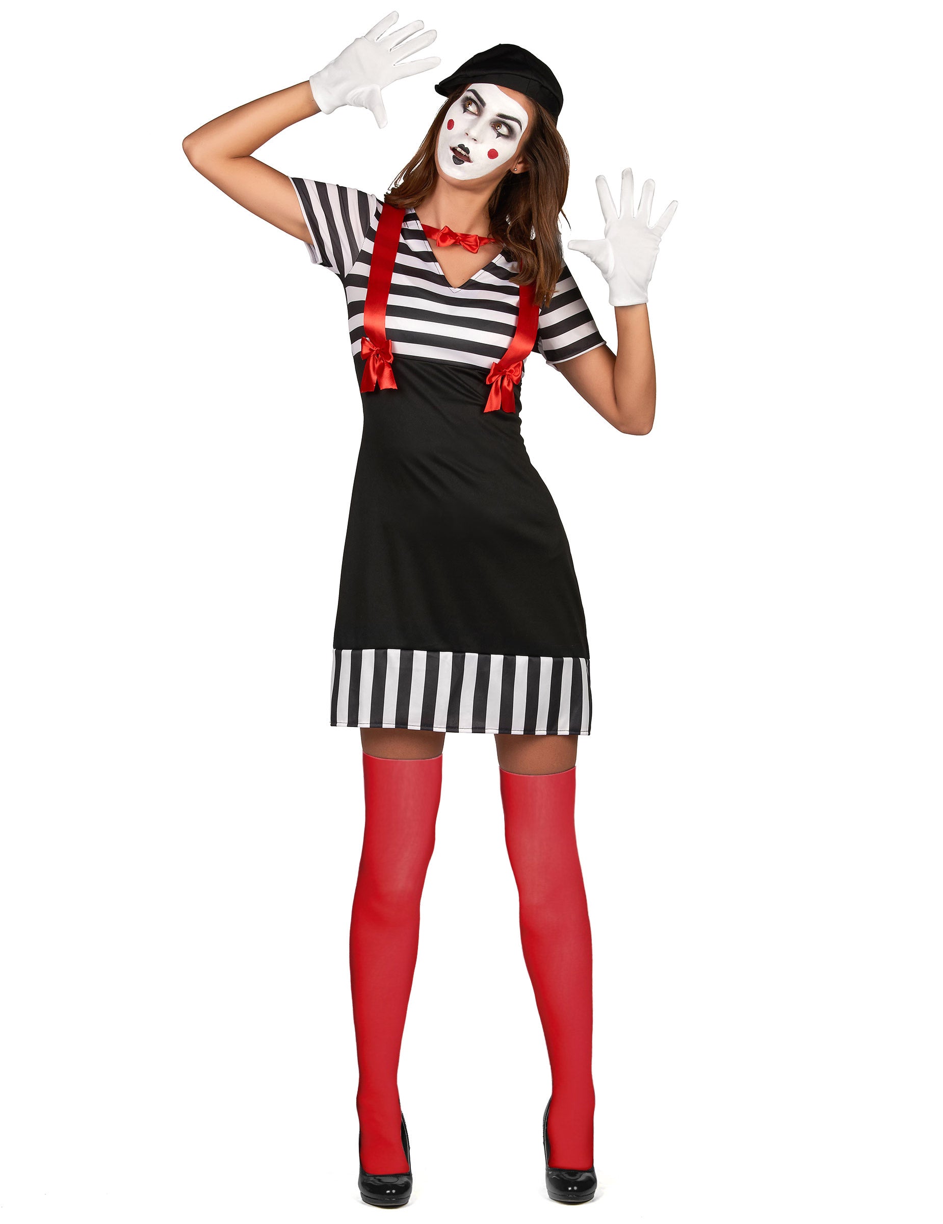 Vue de face de la version femme du déguisement de couple mime