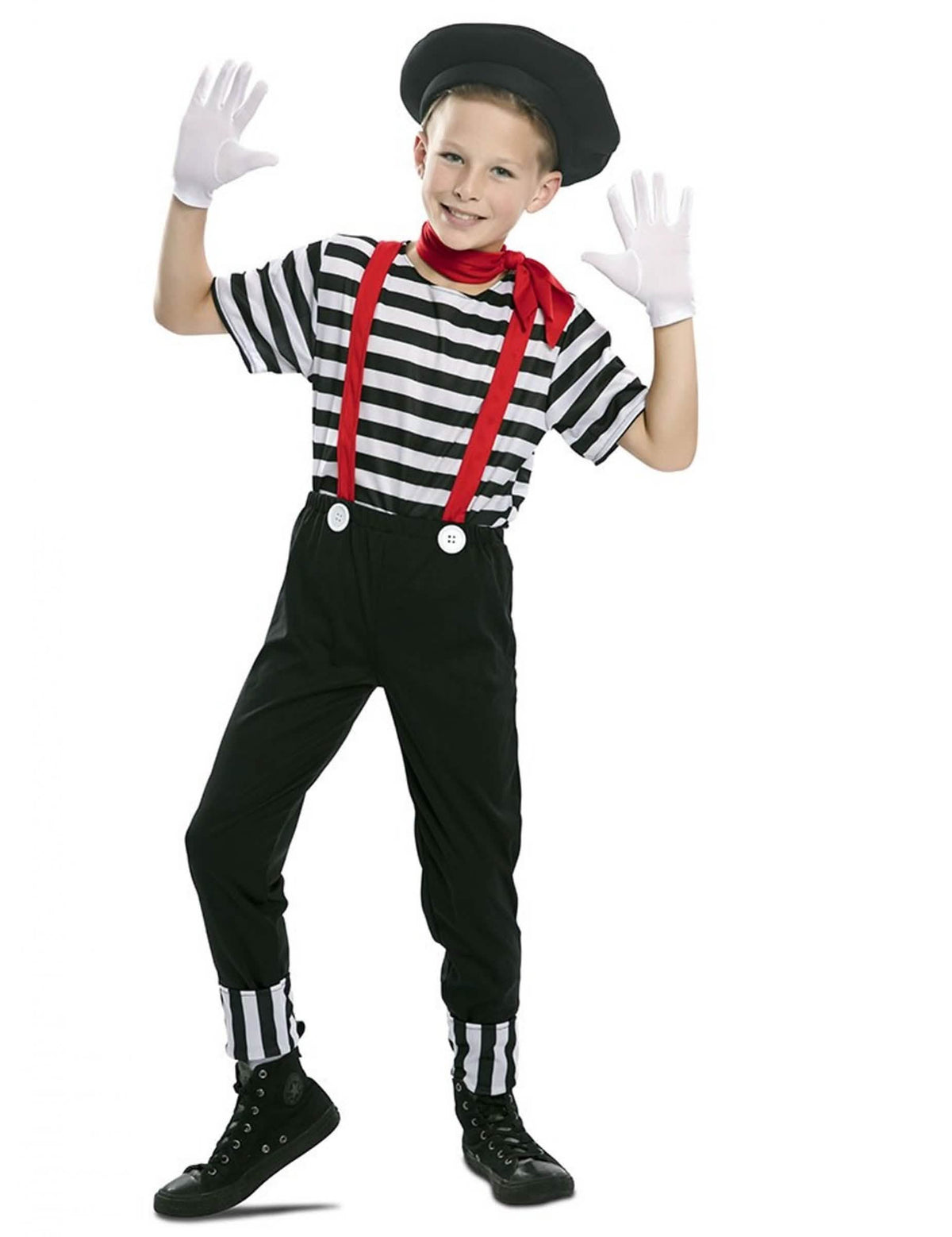 Fato de mimo para menino em black and white com suspensórios vermelhos e boina