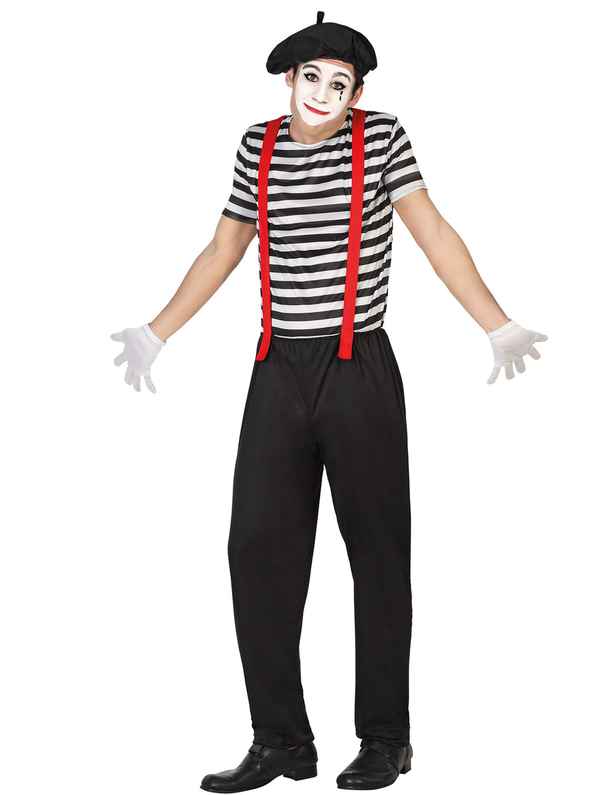 Déguisement de mime pour homme avec pantalon noir t-shirt à rayures et bretelles rouges