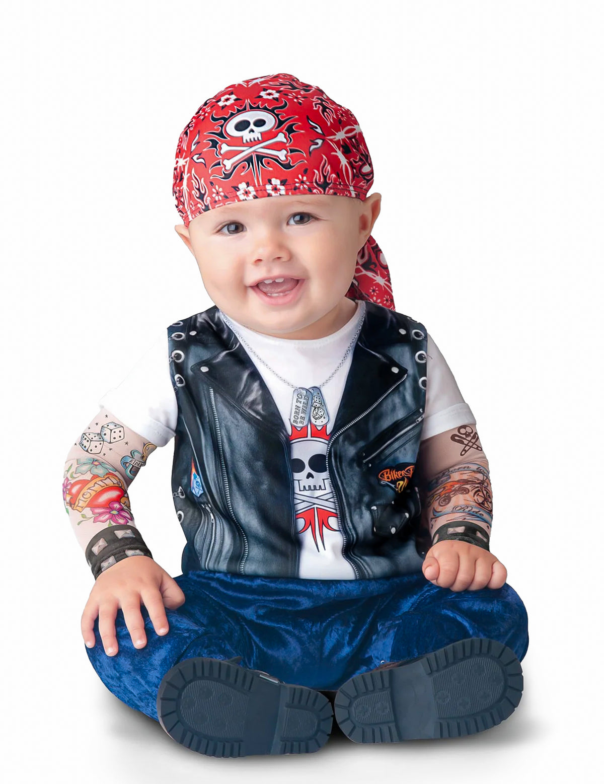 Déguisement mini motard pour bébé classique avec bandana rouge et manches tatouées