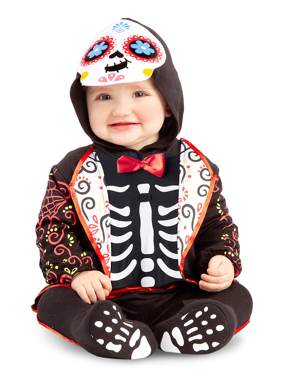 Déguisement Mini squelette Dia de los muertos pour bébé noir avec motifs colorés et nœud papillon rouge