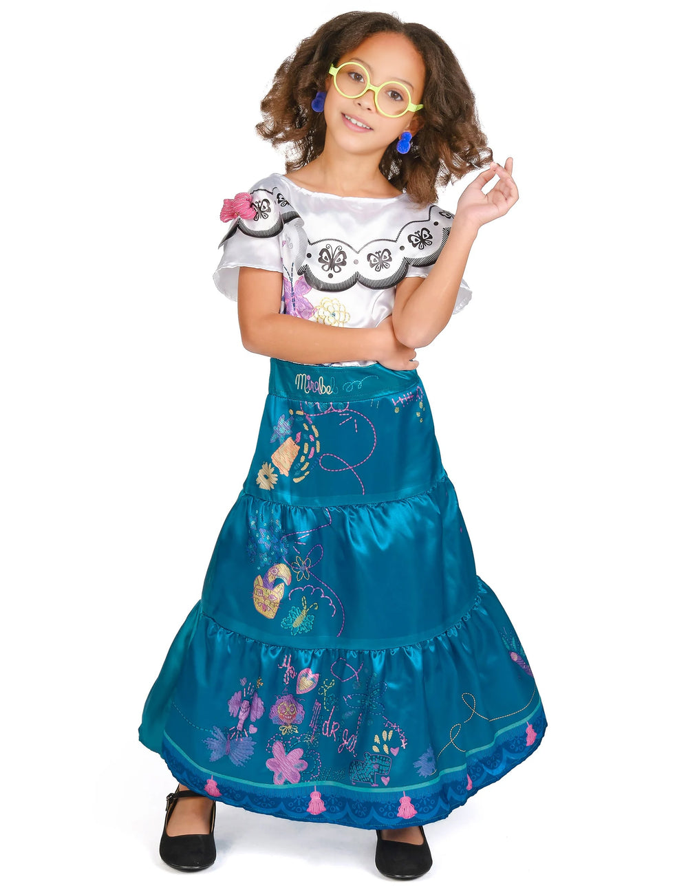 Déguisement Mirabel deluxe Encanto™ pour enfant blanc et bleu avec motifs colorés