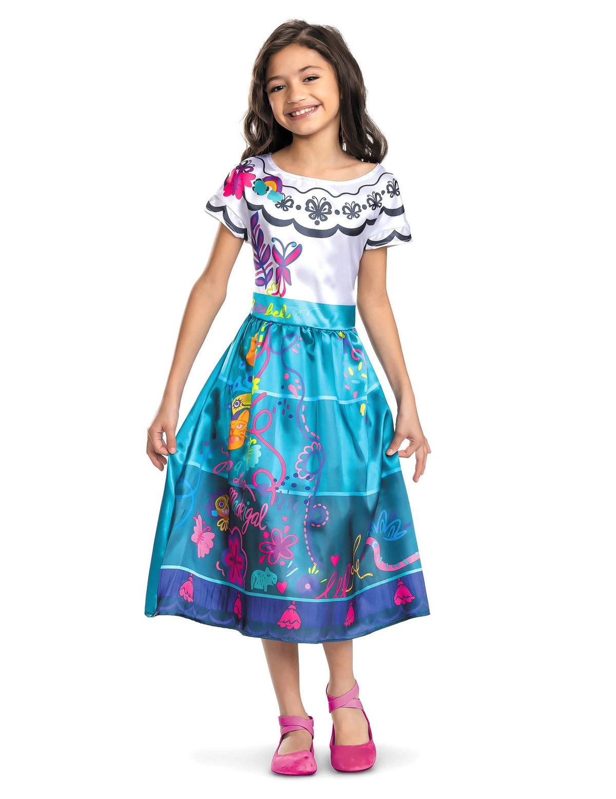 Déguisement Mirabel Encanto basique pour enfant blanc et turquoise à motifs colorés