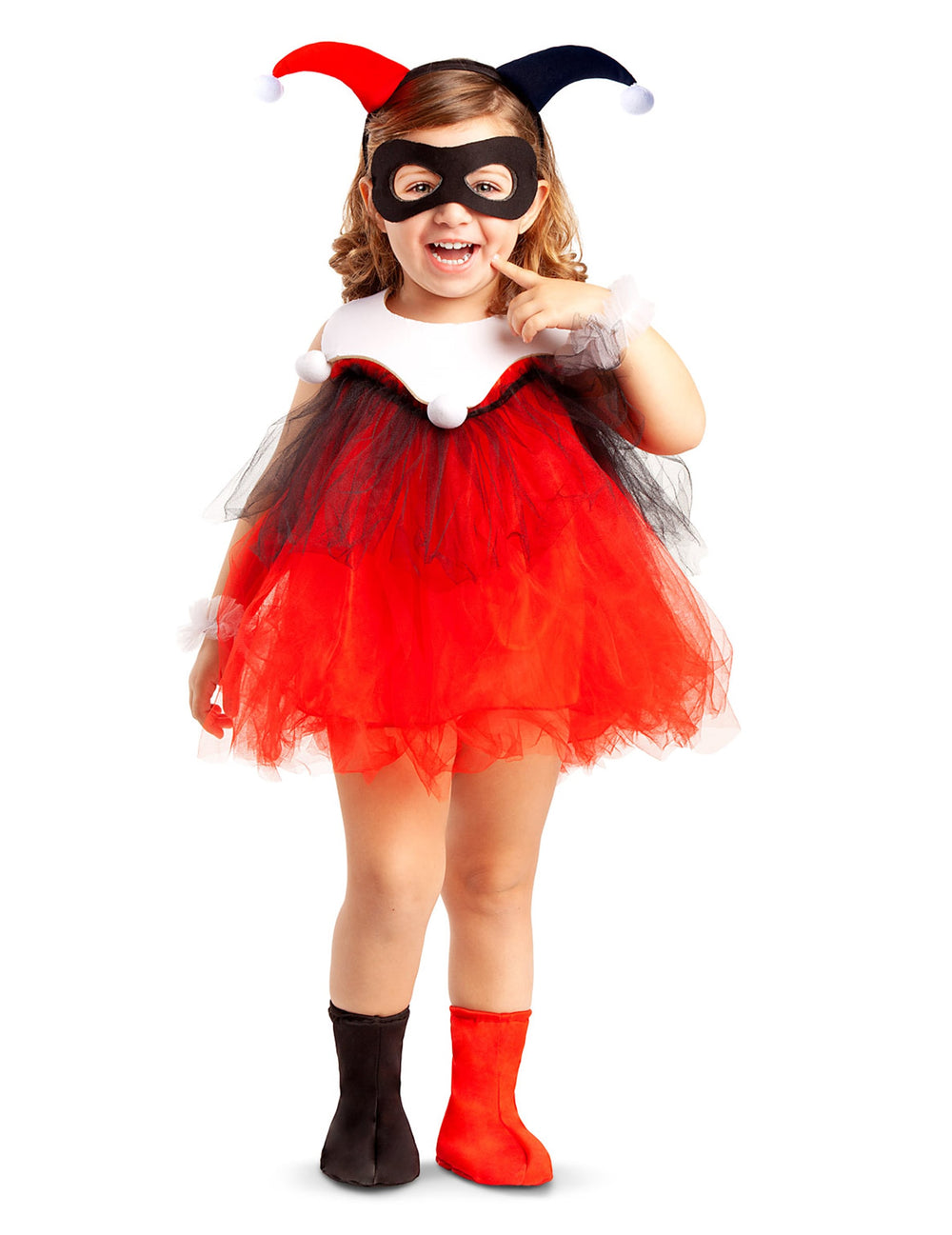 Déguisement Miss Arlequine pour bébé rouge et noir avec tutu et serre-tête