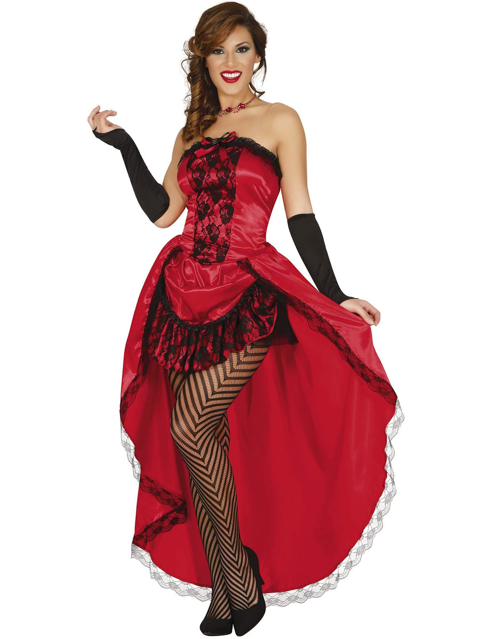 Fato de miss burlesco para mulher vermelho com renda preta