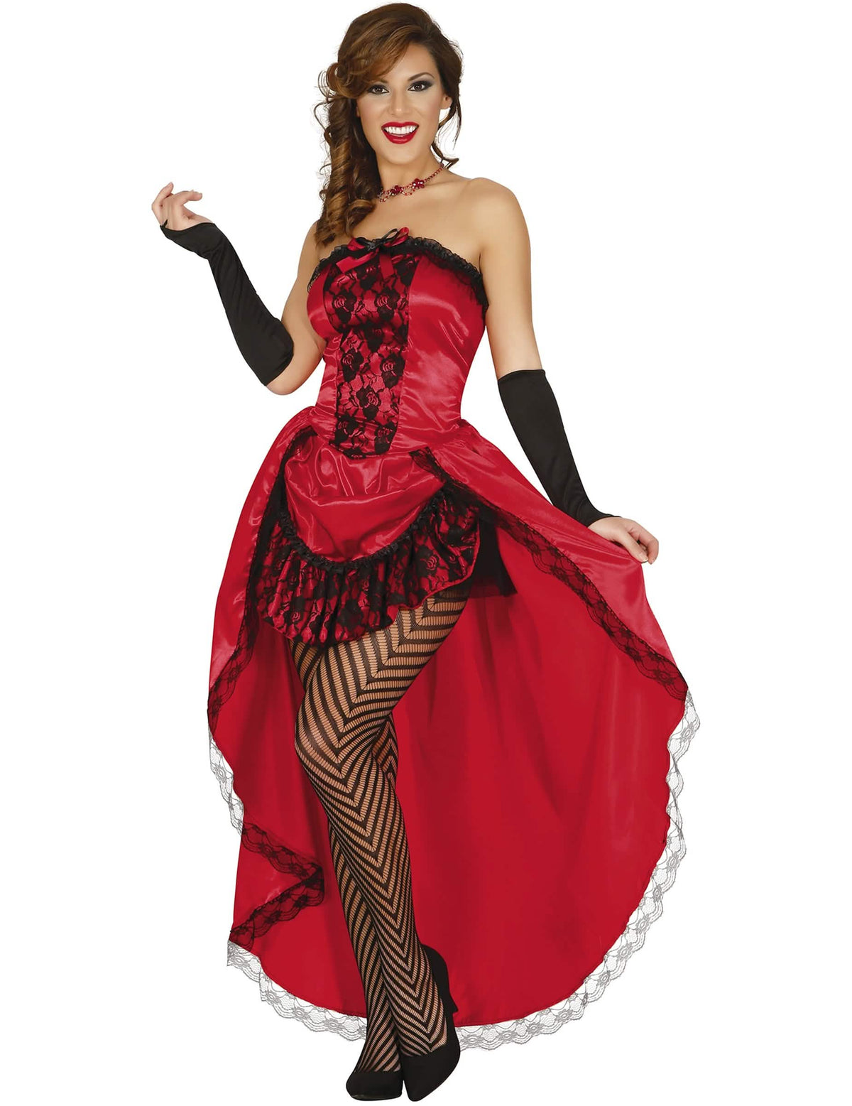 Fato de miss burlesco para mulher vermelho com renda preta