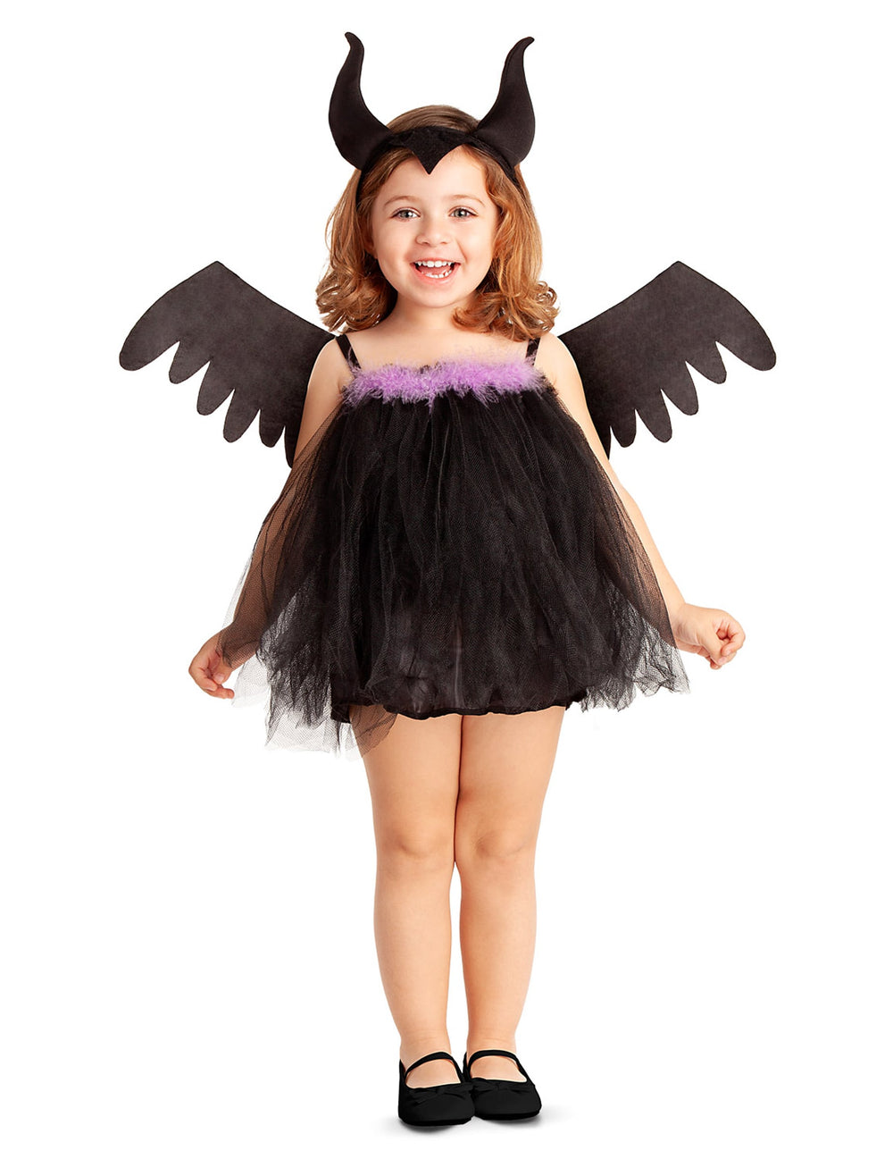 Déguisement Miss du mal pour bébé noir et violet avec cornes et ailes