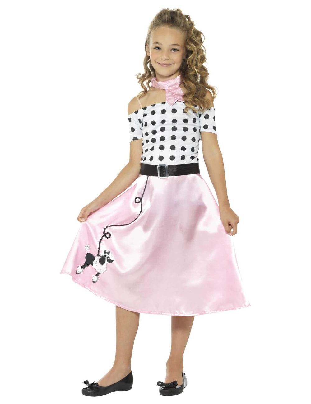 Fato de menina miss girly anos 50 cor de rosa e branco às bolas com saia caniche