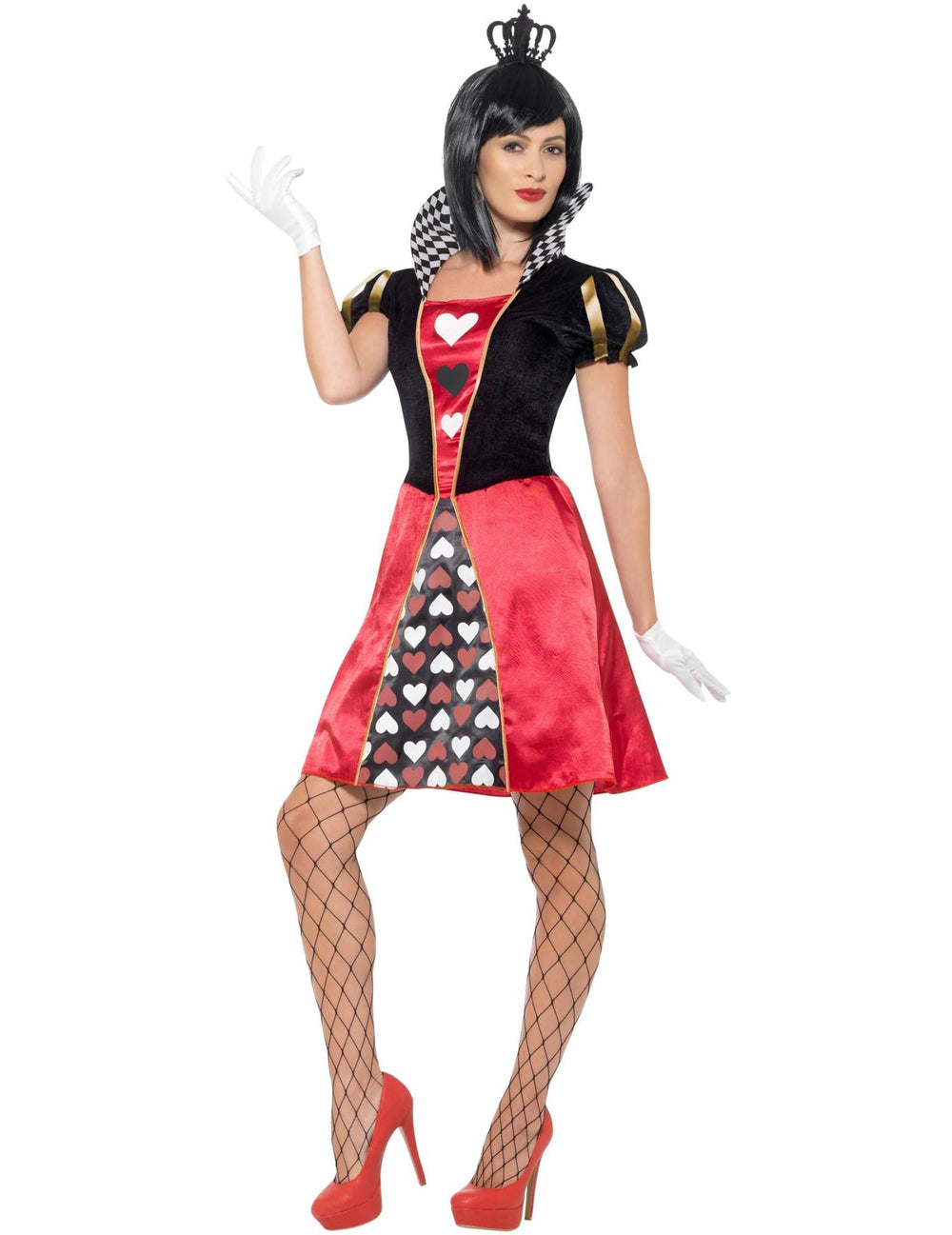 Déguisement miss reine des cartes coeurs pour femme rouge et noir avec motifs cœurs et couronne