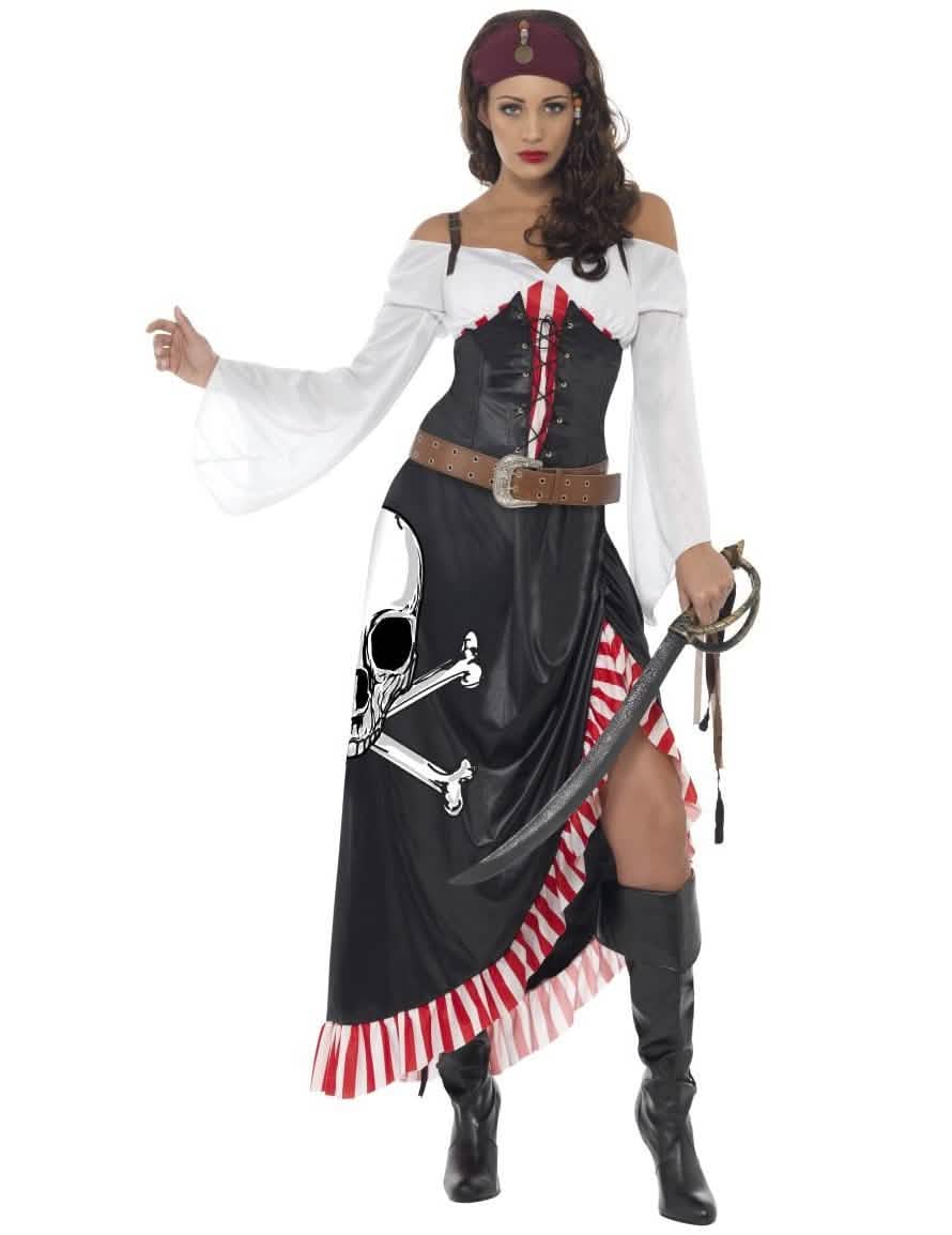 Disfarce de miss sexy de caveira pirata para mulher black and white com riscas vermelhas