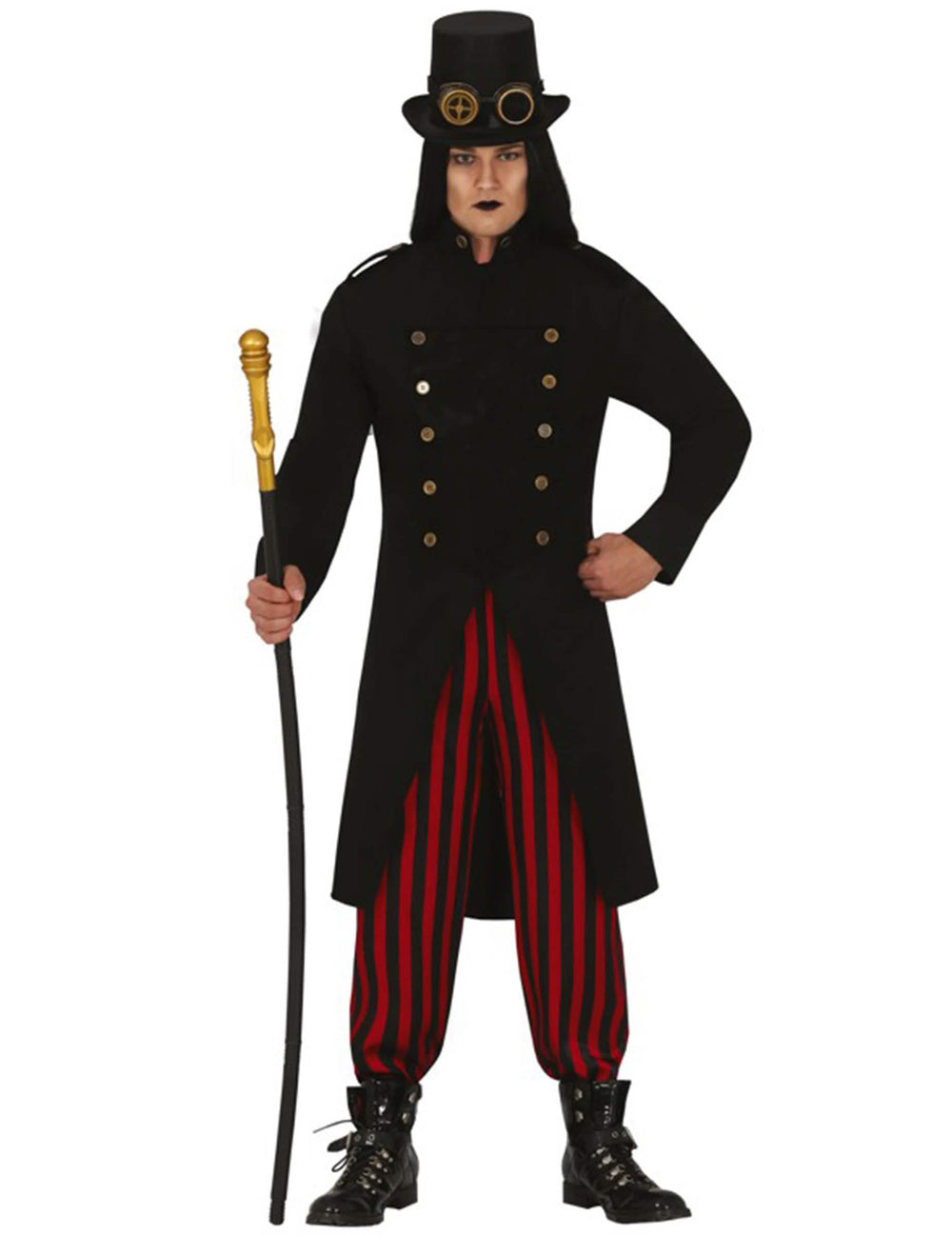 Fato steampunk para adulto preto e vermelho com chapéu alto e óculos