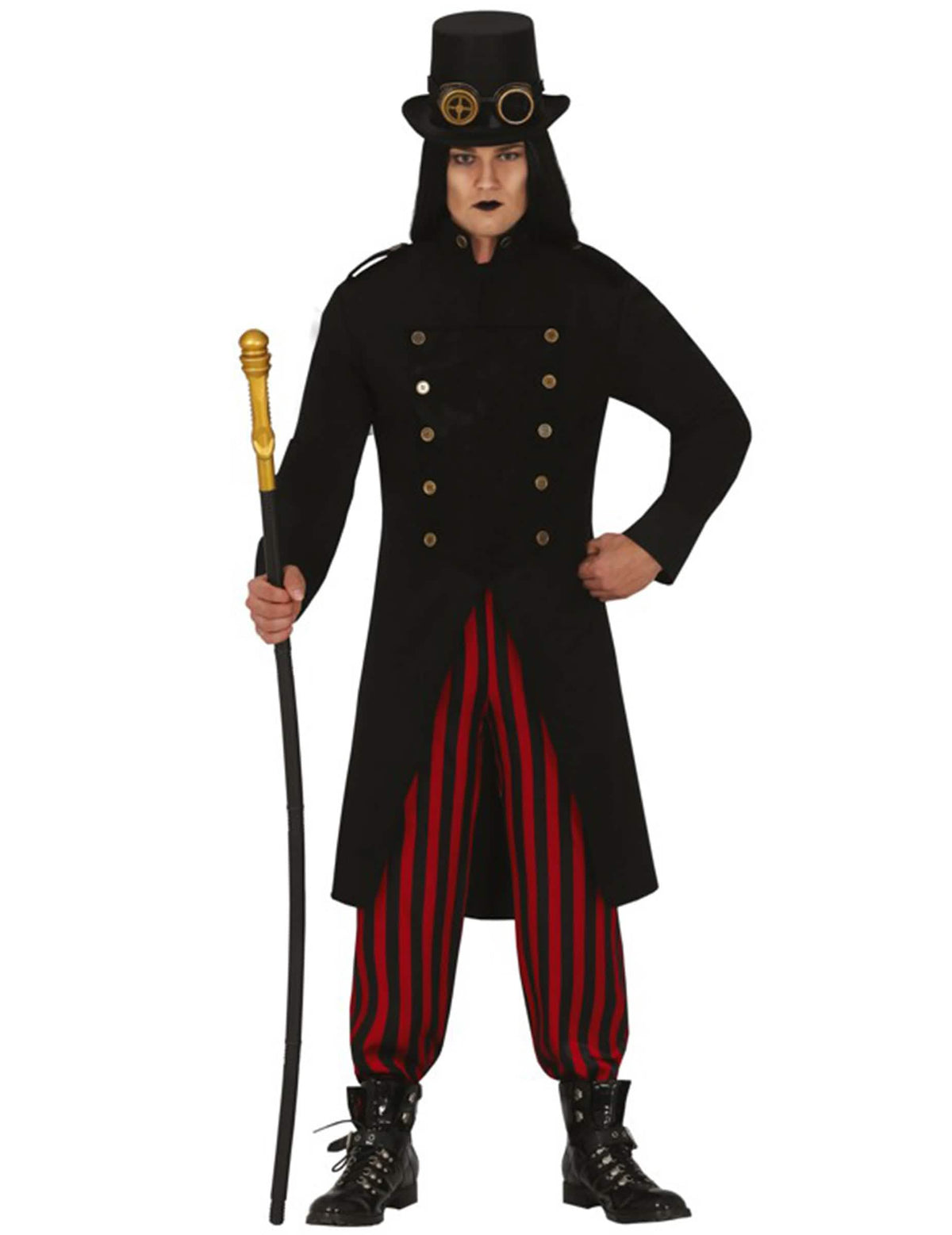Fato steampunk para adulto preto e vermelho com chapéu alto e óculos