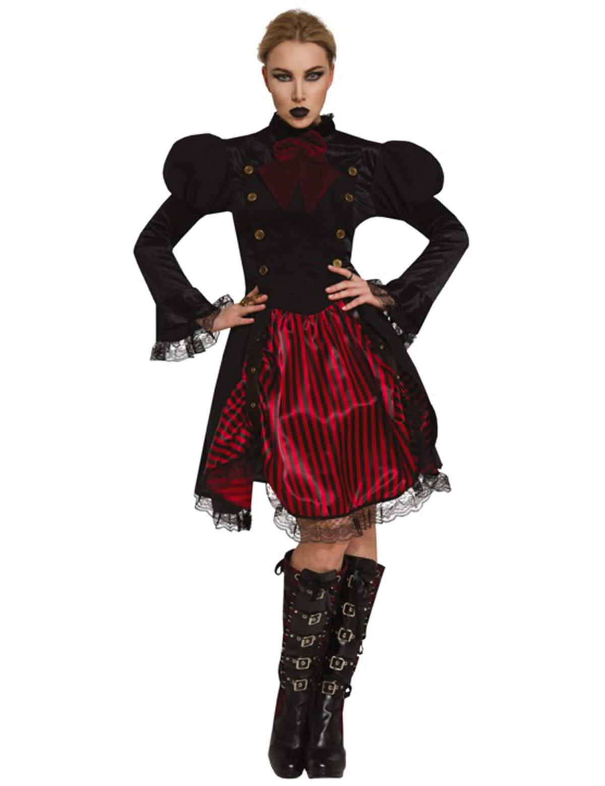 Fato de Miss steampunk para mulher preto e vermelho às riscas com renda