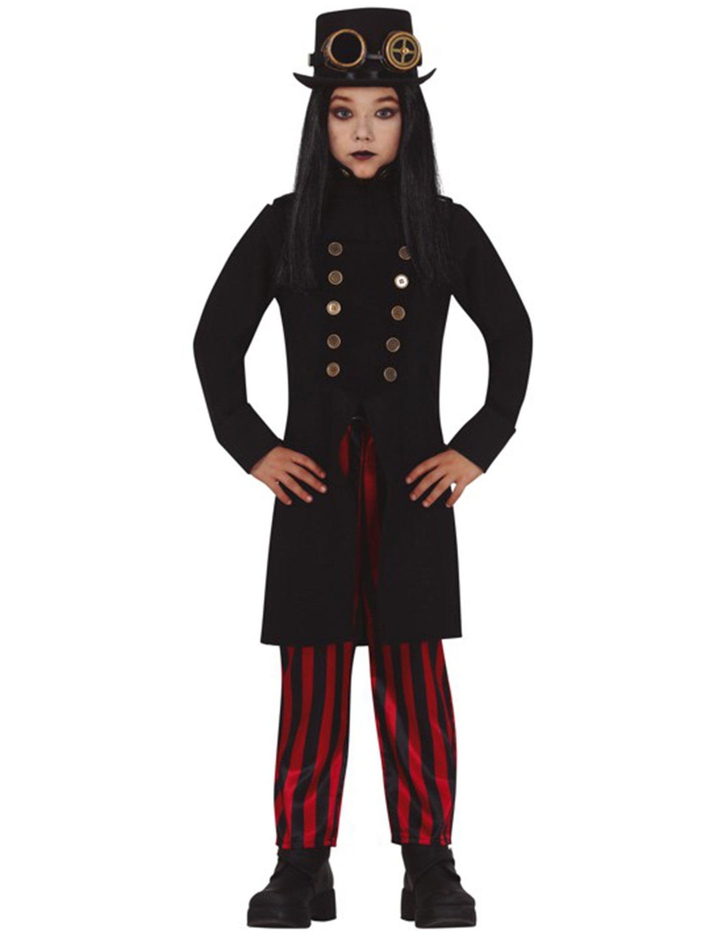 Déguisement Miss Steampunk pour fille noir et rouge avec chapeau haut-de-forme