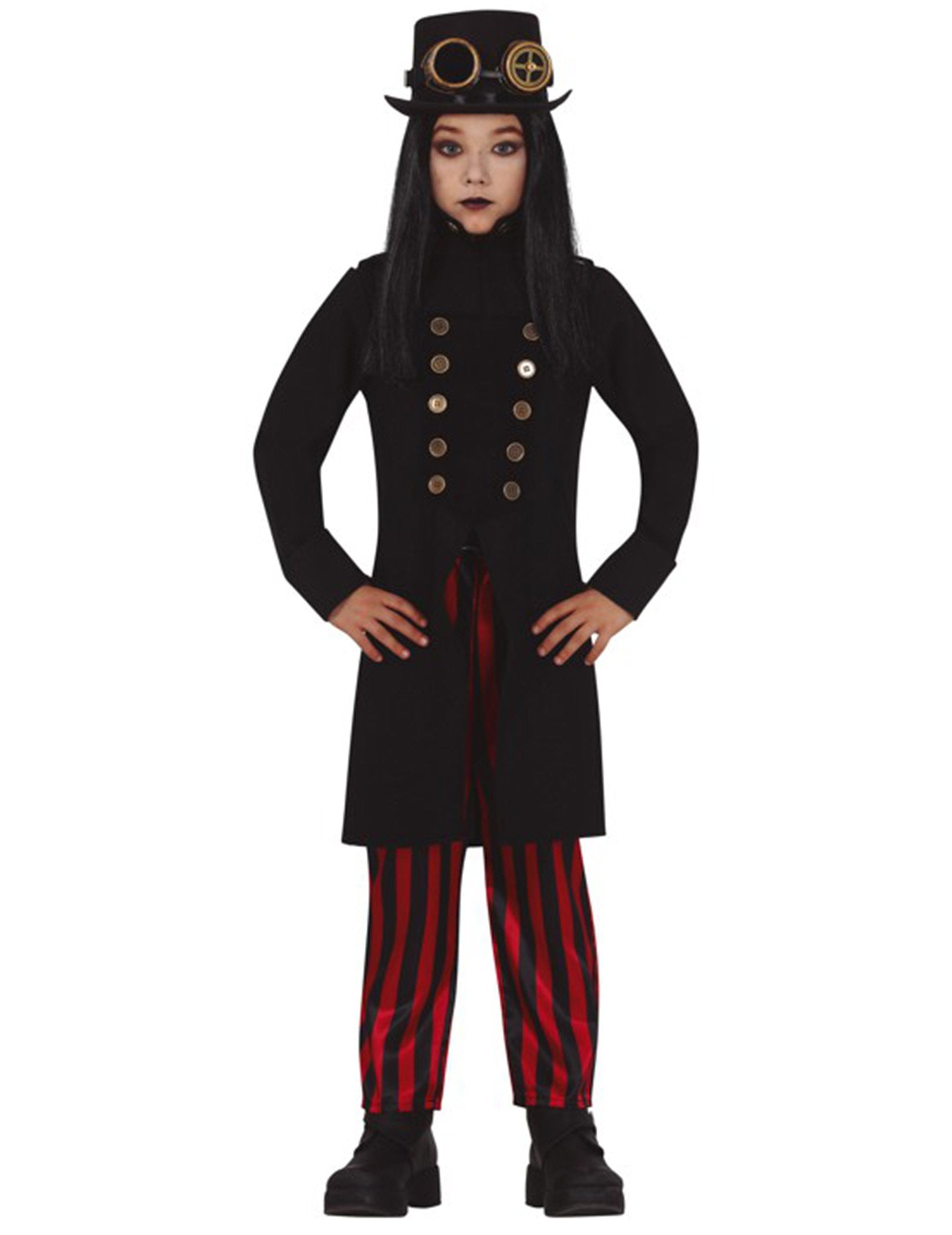 Déguisement Miss Steampunk pour fille noir et rouge avec chapeau haut-de-forme